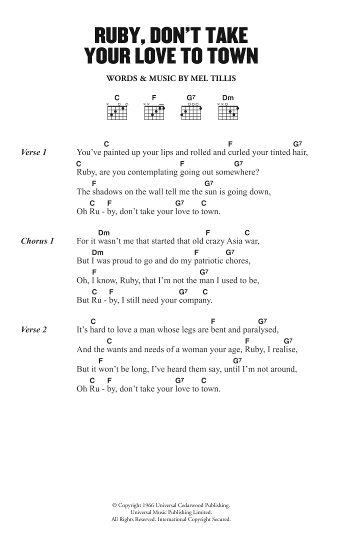 Download Kenny Rogers & The First Edition Ruby, Don't Take Your Love To Town Sheet Music and learn how to play Lyrics & Chords PDF digital score in minutes