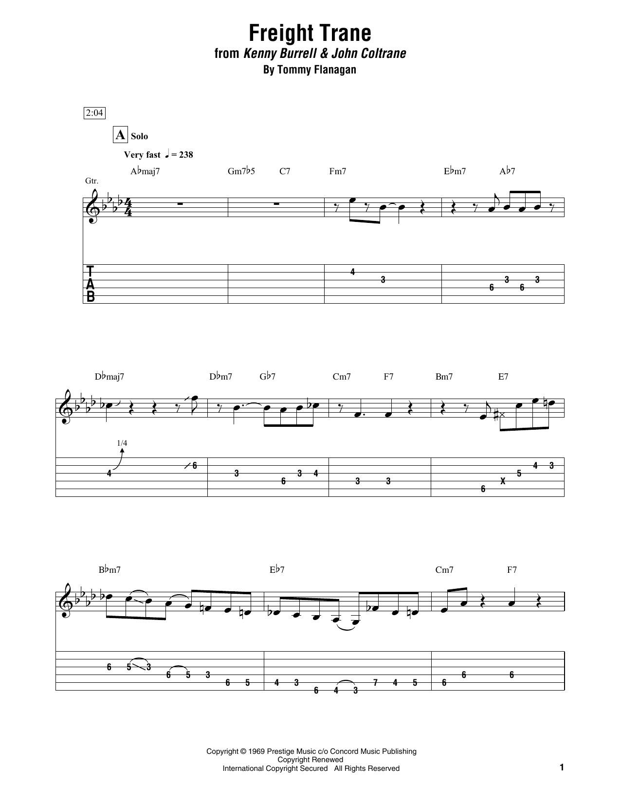 Download Kenny Burrell & John Coltrane Freight Trane Sheet Music and learn how to play Electric Guitar Transcription PDF digital score in minutes