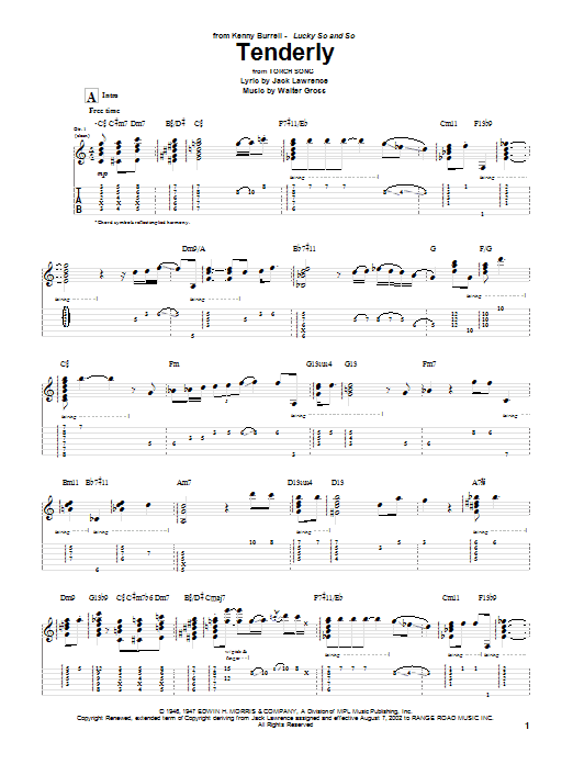 Download Kenny Burrell Tenderly Sheet Music and learn how to play Guitar Tab PDF digital score in minutes