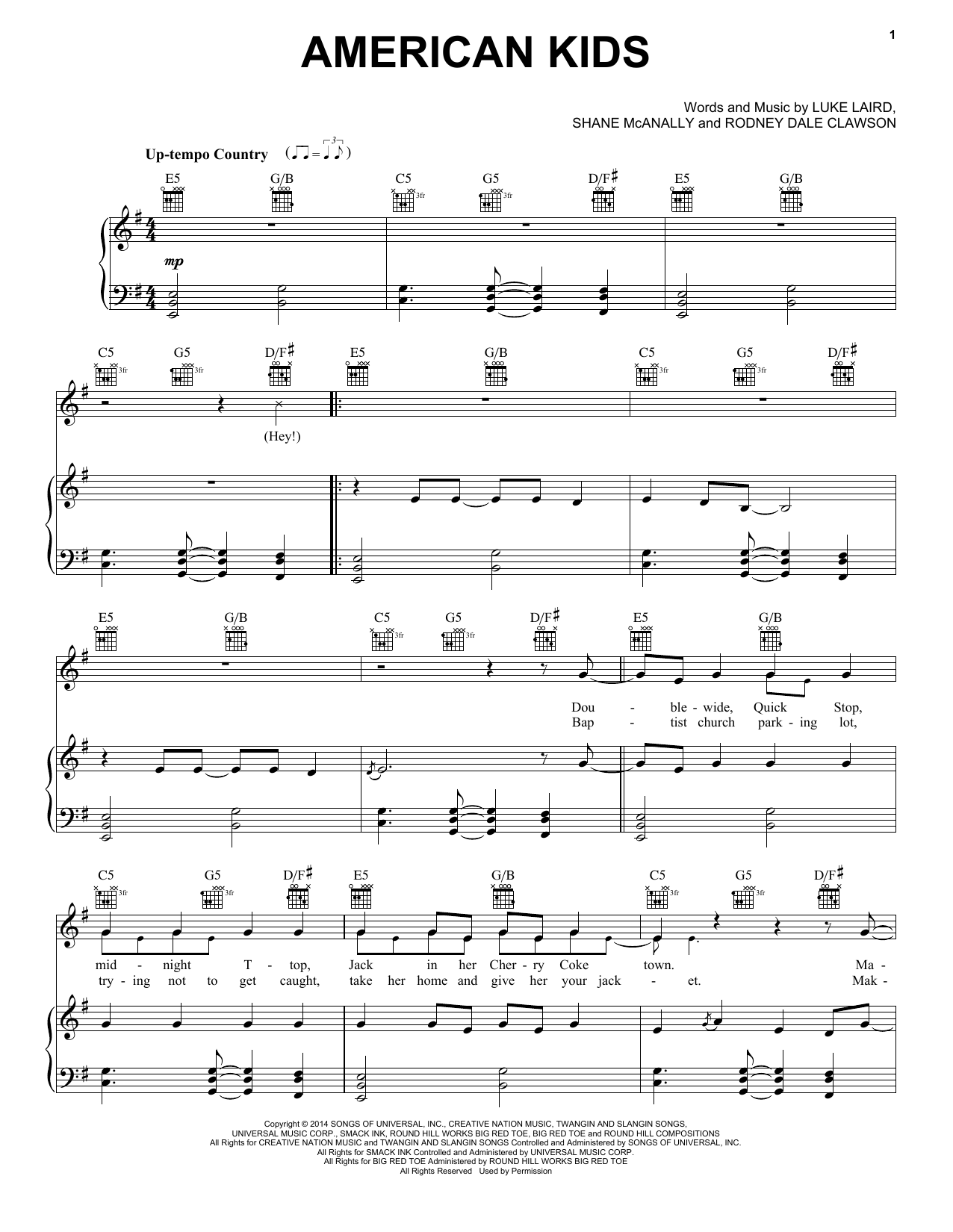 Download Kenny Chesney American Kids Sheet Music and learn how to play Piano, Vocal & Guitar (Right-Hand Melody) PDF digital score in minutes
