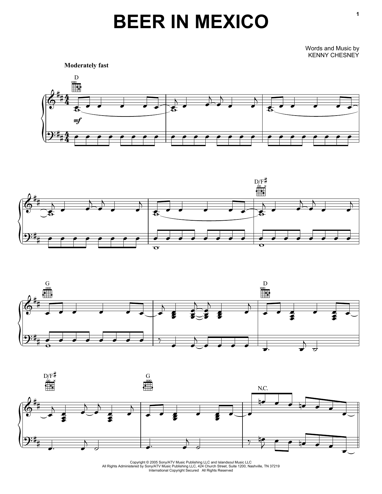 Download Kenny Chesney Beer In Mexico Sheet Music and learn how to play Piano, Vocal & Guitar (Right-Hand Melody) PDF digital score in minutes