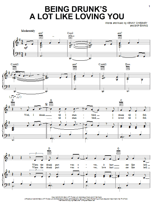 Download Kenny Chesney Being Drunk's A Lot Like Loving You Sheet Music and learn how to play Piano, Vocal & Guitar (Right-Hand Melody) PDF digital score in minutes