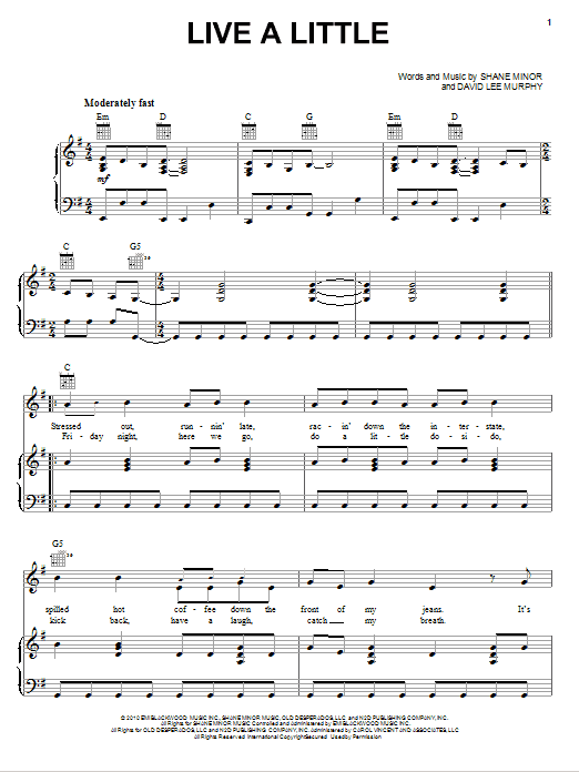 Download Kenny Chesney Live A Little Sheet Music and learn how to play Piano, Vocal & Guitar (Right-Hand Melody) PDF digital score in minutes