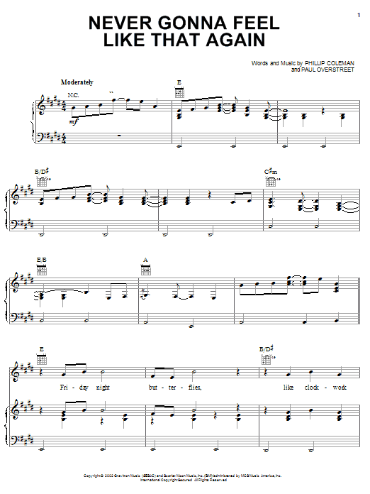 Download Kenny Chesney Never Gonna Feel Like That Again Sheet Music and learn how to play Piano, Vocal & Guitar (Right-Hand Melody) PDF digital score in minutes