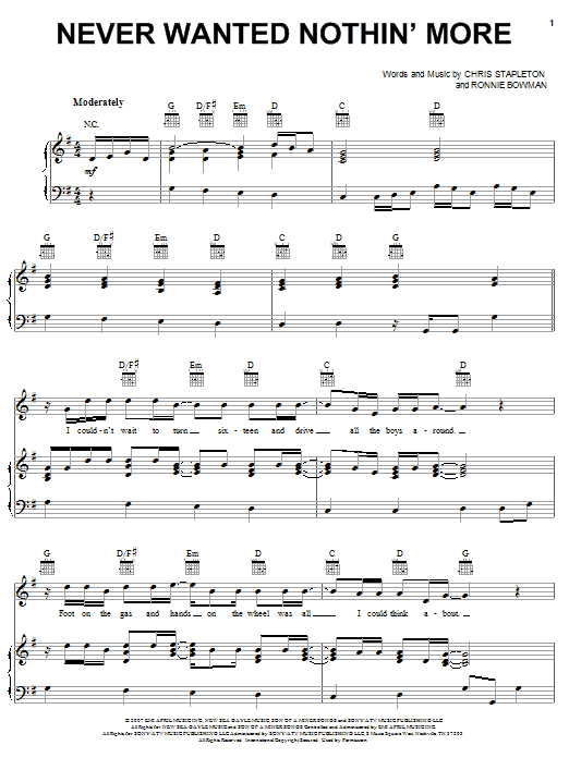 Download Kenny Chesney Never Wanted Nothin' More Sheet Music and learn how to play Piano, Vocal & Guitar (Right-Hand Melody) PDF digital score in minutes