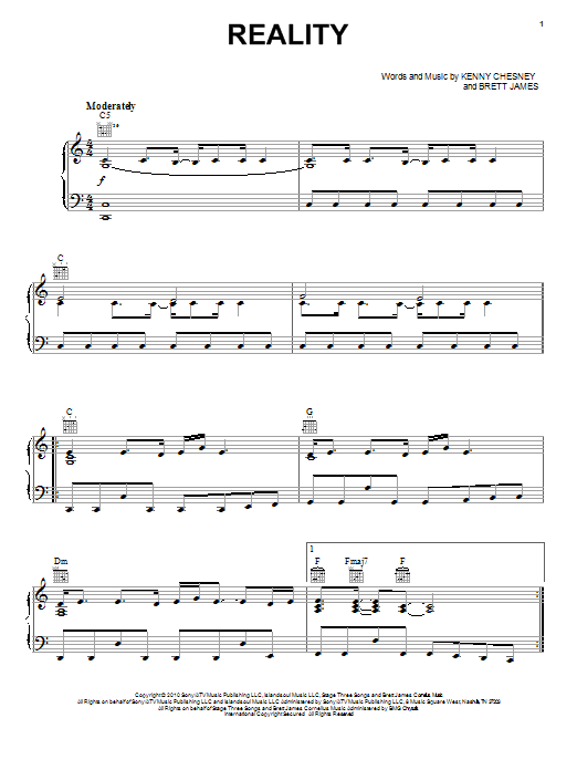 Download Kenny Chesney Reality Sheet Music and learn how to play Piano, Vocal & Guitar (Right-Hand Melody) PDF digital score in minutes