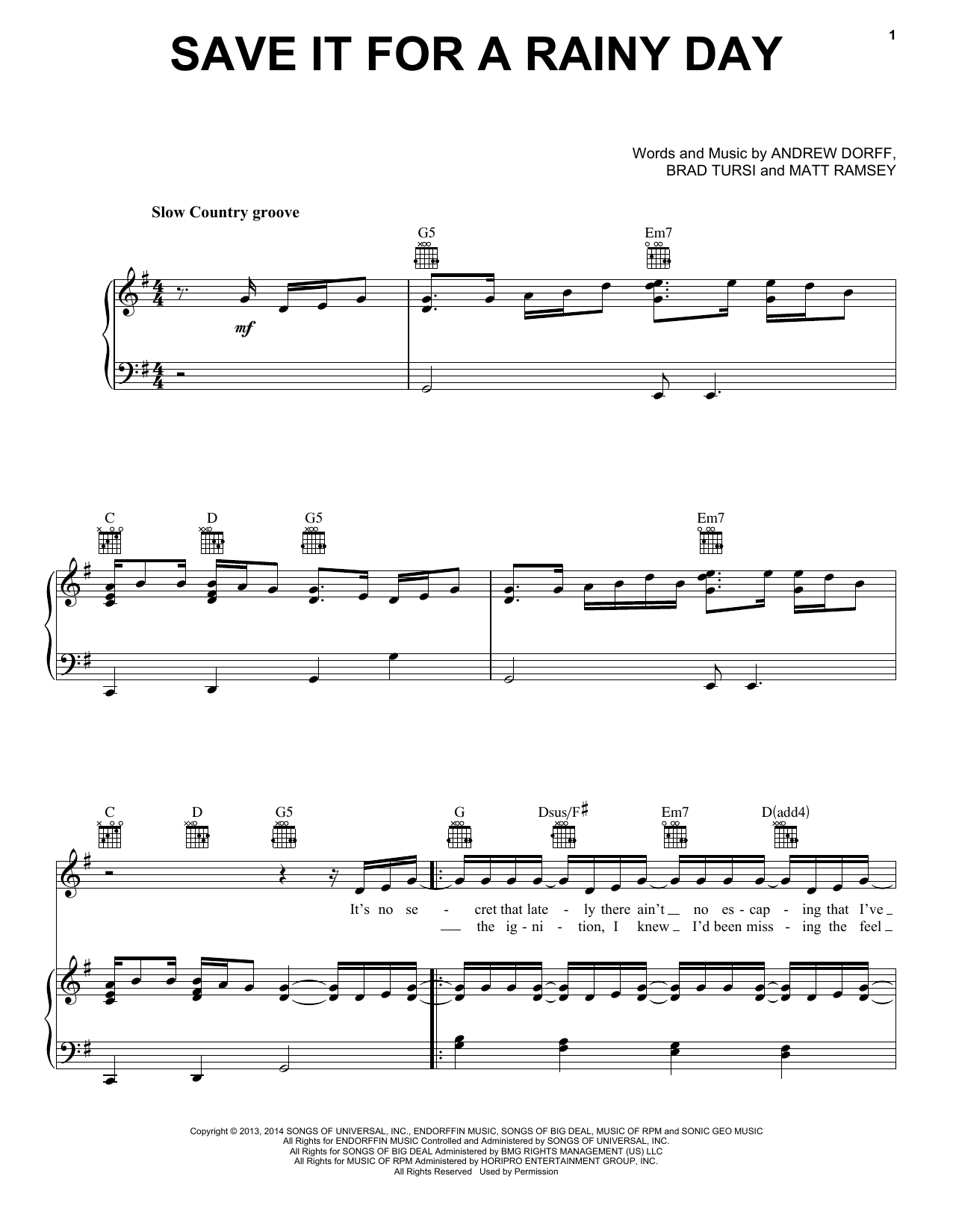 Download Kenny Chesney Save It For A Rainy Day Sheet Music and learn how to play Piano, Vocal & Guitar (Right-Hand Melody) PDF digital score in minutes