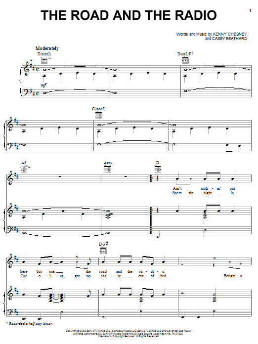 Download Kenny Chesney The Road And The Radio Sheet Music and learn how to play Piano, Vocal & Guitar (Right-Hand Melody) PDF digital score in minutes