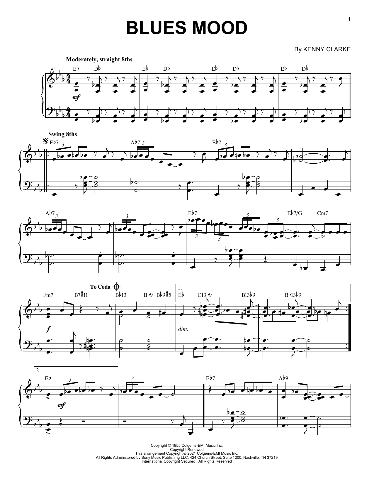 Download Kenny Clarke Blues Mood [Jazz version] (arr. Brent Edstrom) Sheet Music and learn how to play Piano Solo PDF digital score in minutes