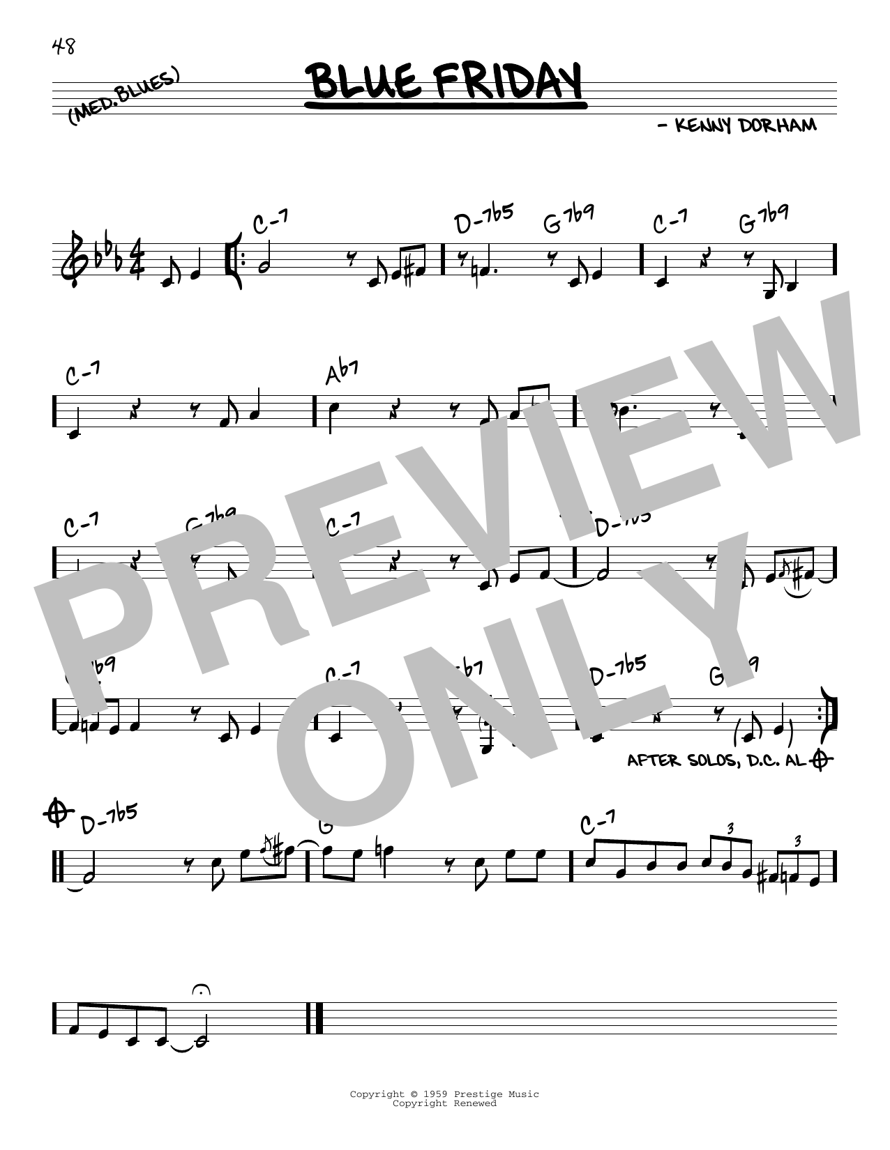 Download Kenny Dorham Blue Friday Sheet Music and learn how to play Real Book – Melody & Chords PDF digital score in minutes