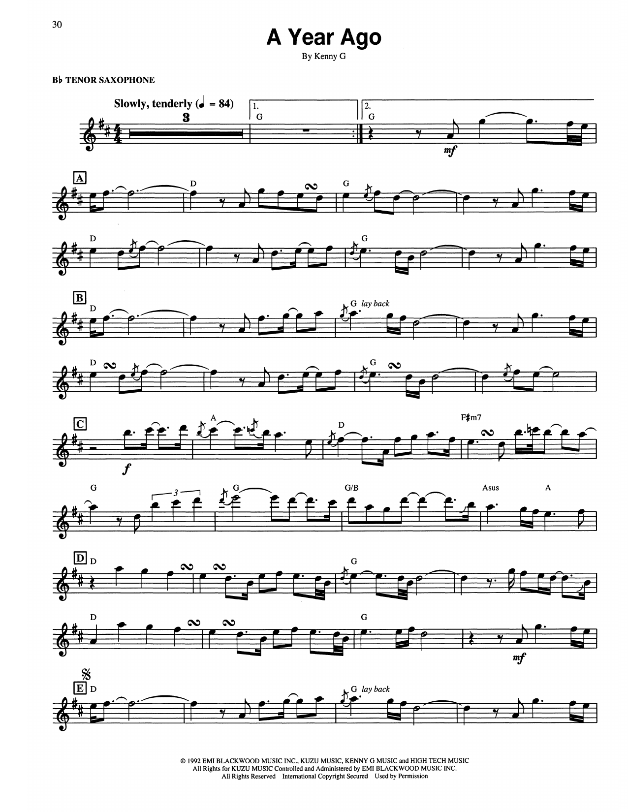 Download Kenny G A Year Ago Sheet Music and learn how to play Tenor Sax Transcription PDF digital score in minutes