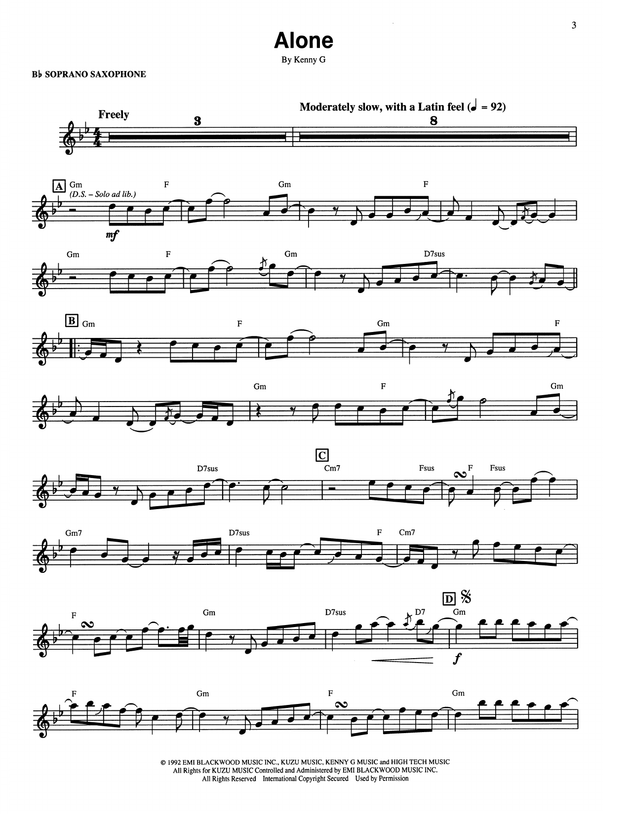 Download Kenny G Alone Sheet Music and learn how to play Soprano Sax Transcription PDF digital score in minutes