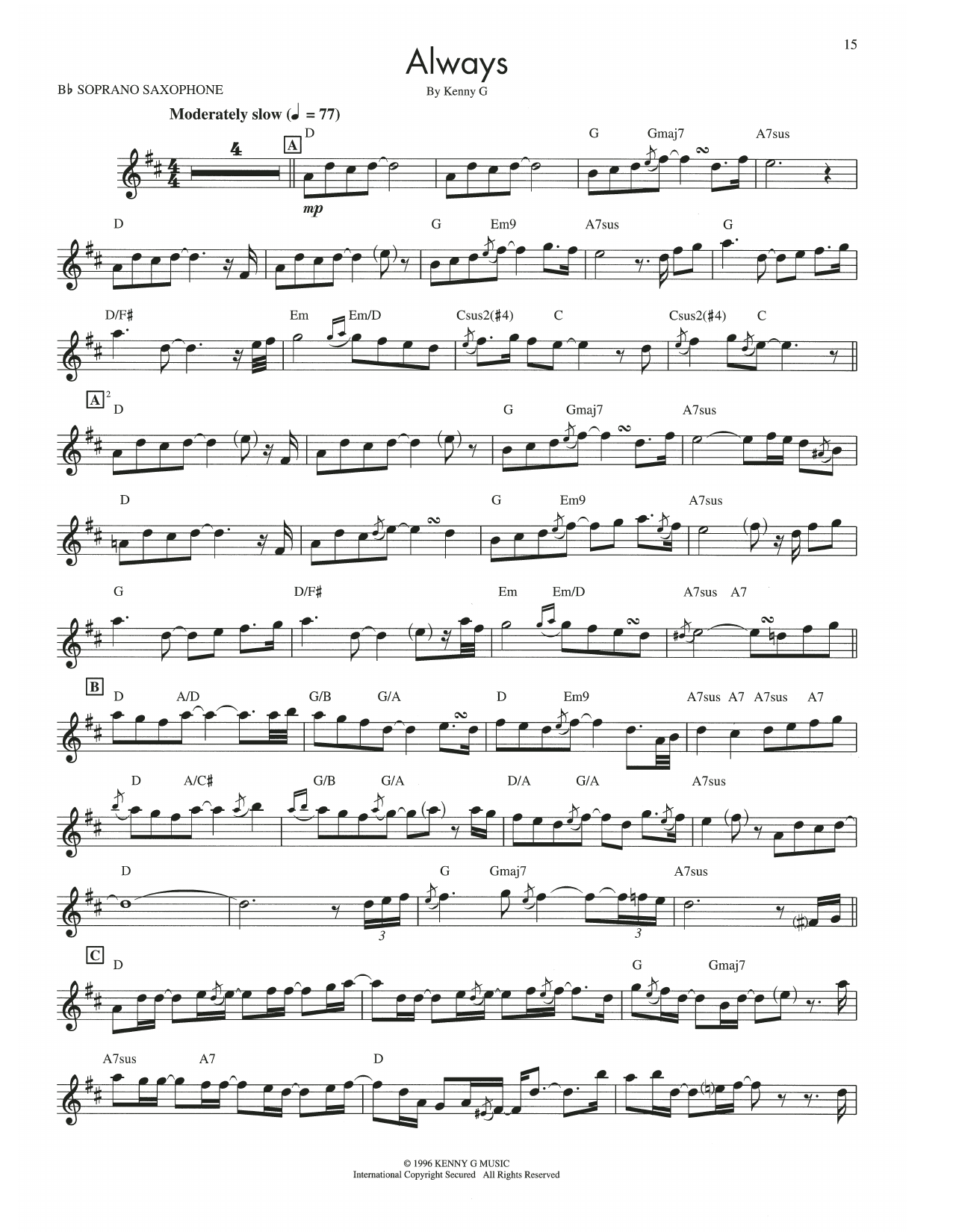 Download Kenny G Always Sheet Music and learn how to play Soprano Sax Transcription PDF digital score in minutes