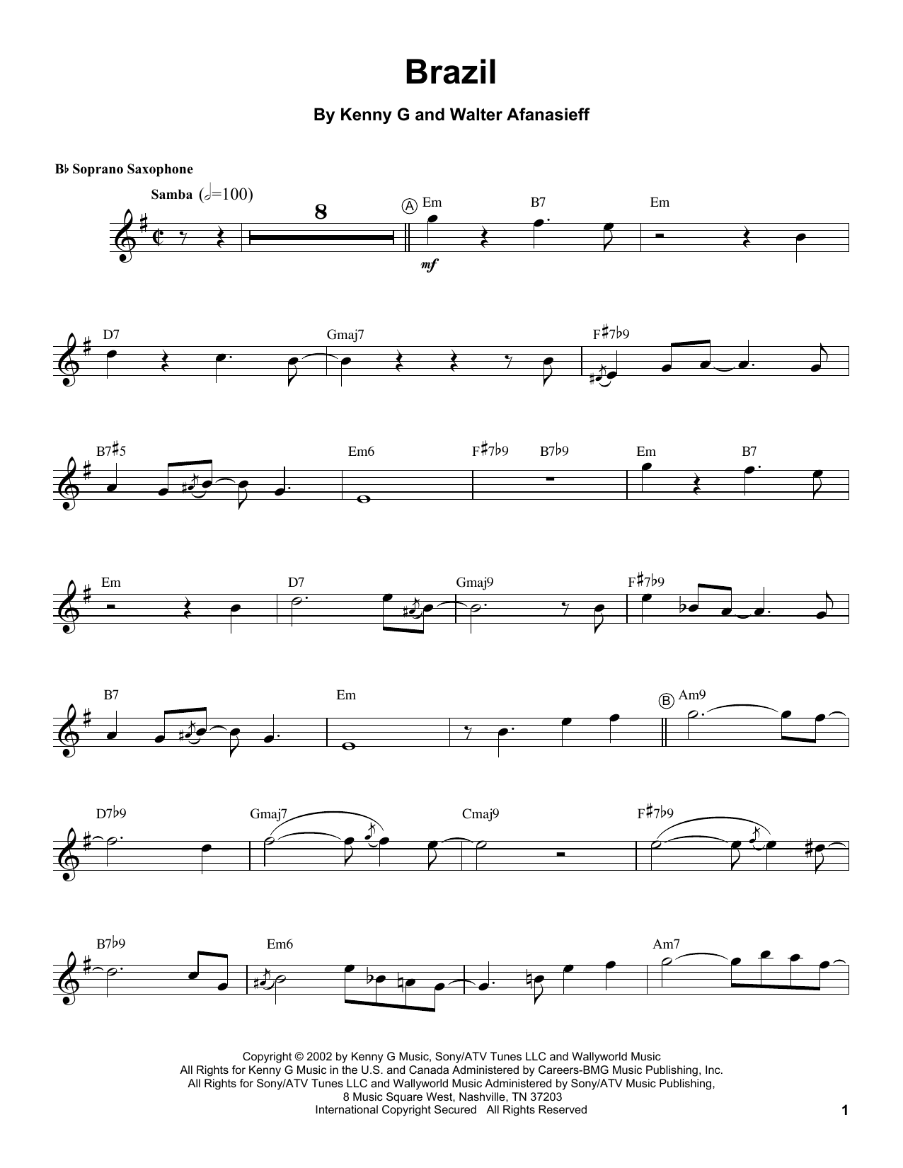 Download Kenny G Brazil Sheet Music and learn how to play Soprano Sax Transcription PDF digital score in minutes