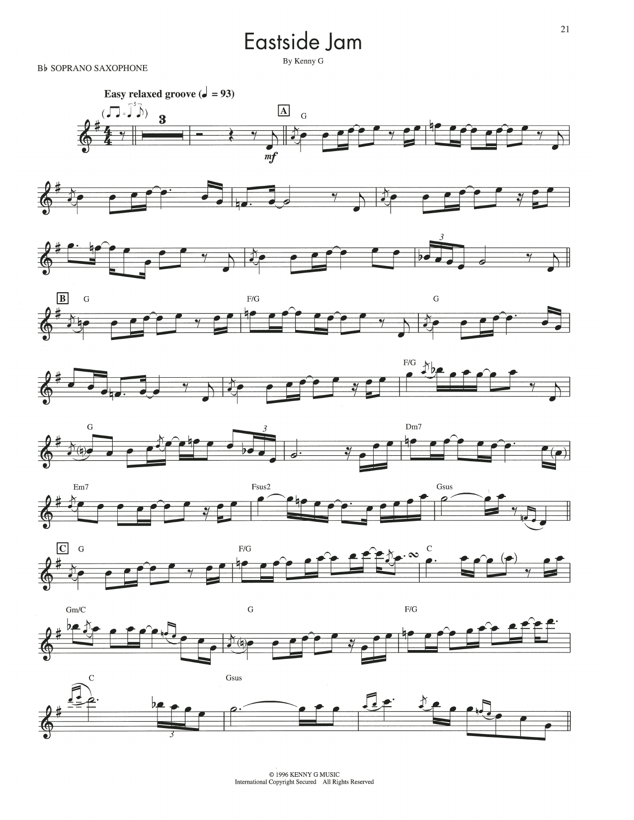 Download Kenny G Eastside Jam Sheet Music and learn how to play Soprano Sax Transcription PDF digital score in minutes