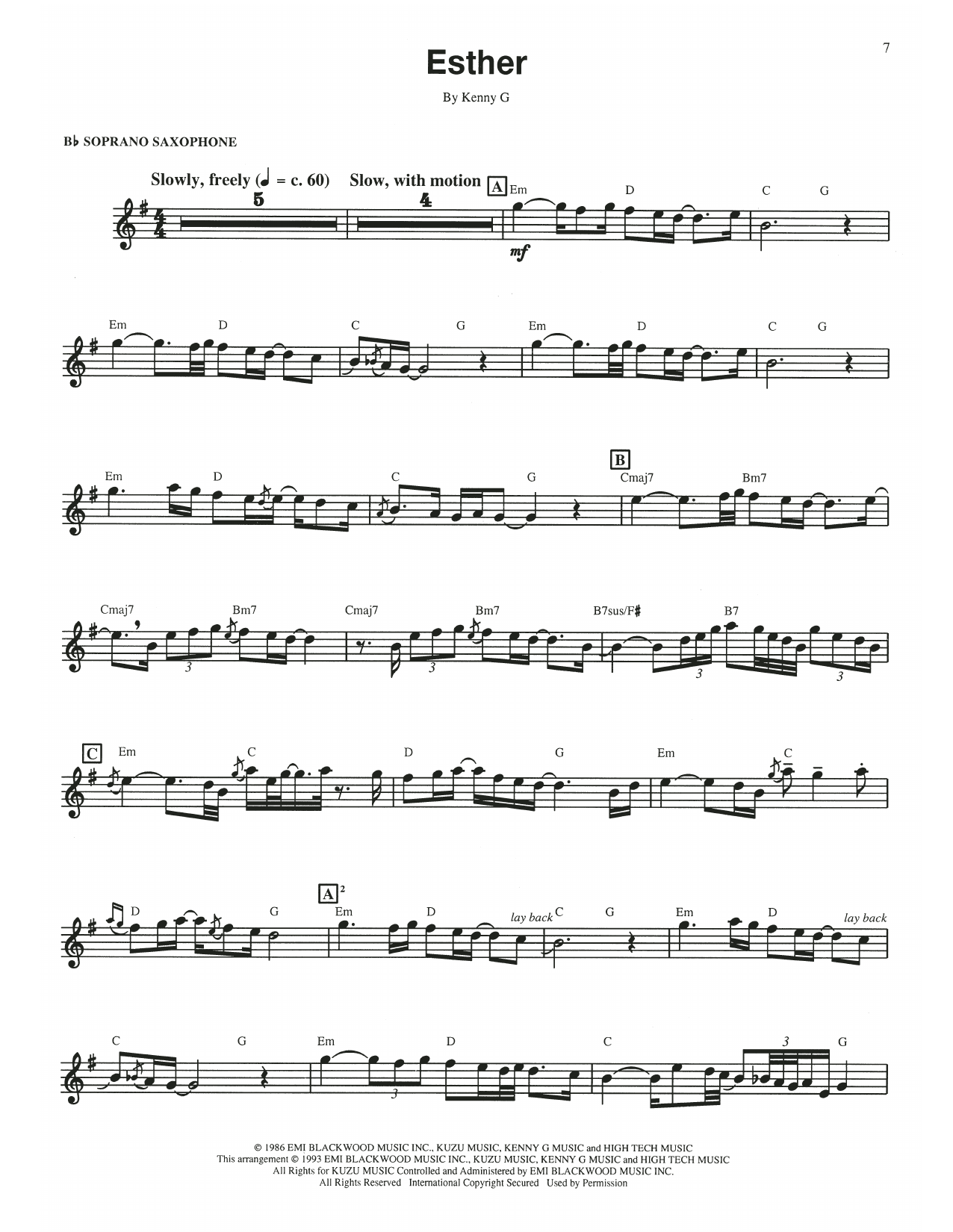 Download Kenny G Esther Sheet Music and learn how to play Soprano Sax Transcription PDF digital score in minutes
