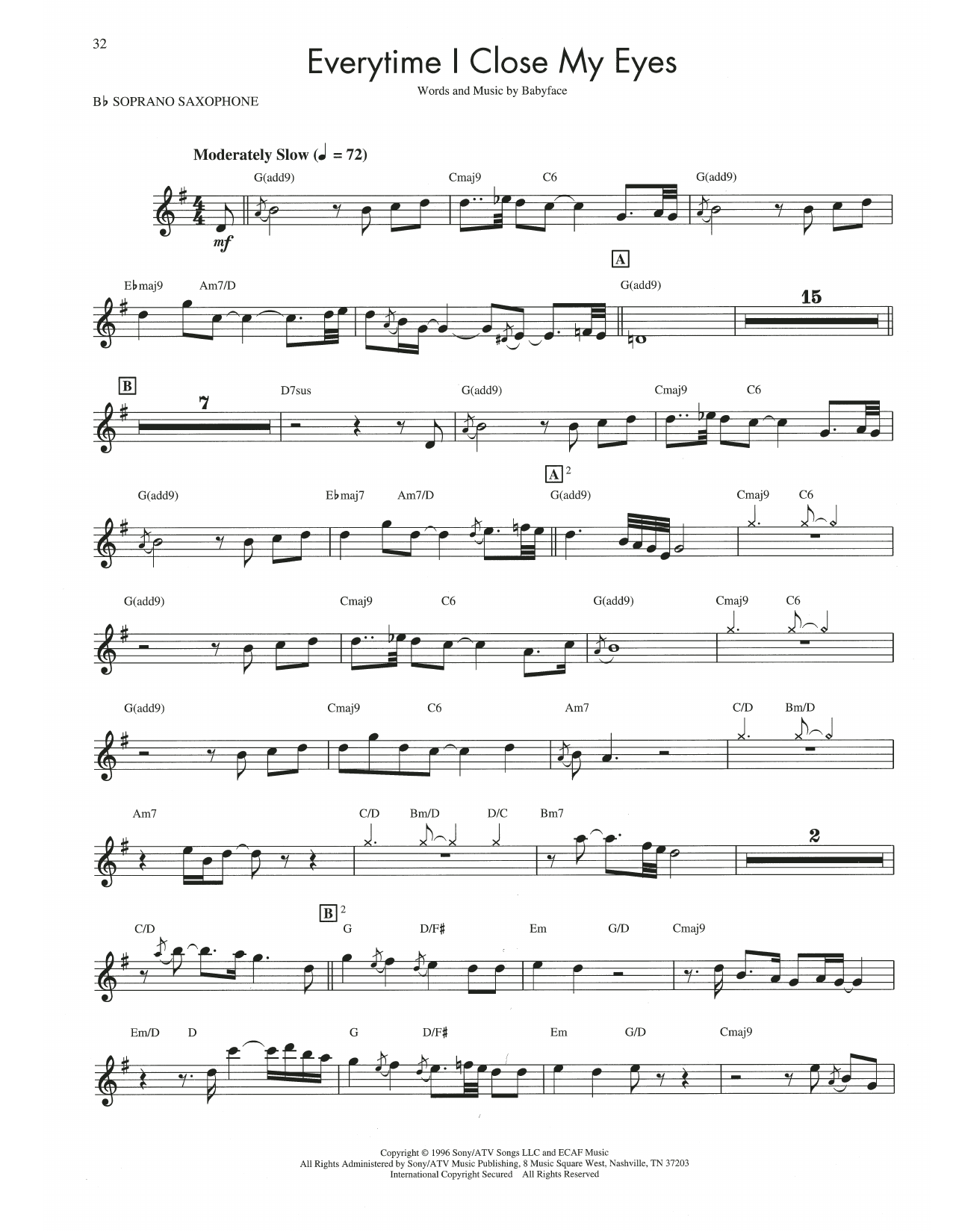 Download Kenny G Everytime I Close My Eyes Sheet Music and learn how to play Soprano Sax Transcription PDF digital score in minutes