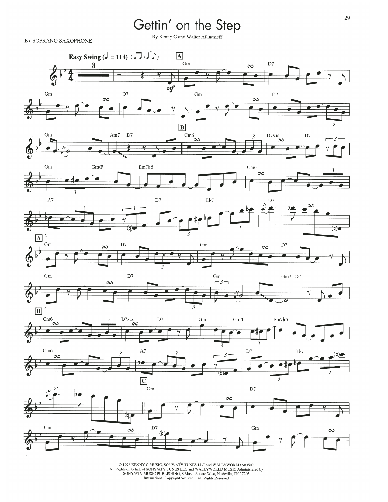 Download Kenny G Gettin' On The Step Sheet Music and learn how to play Soprano Sax Transcription PDF digital score in minutes
