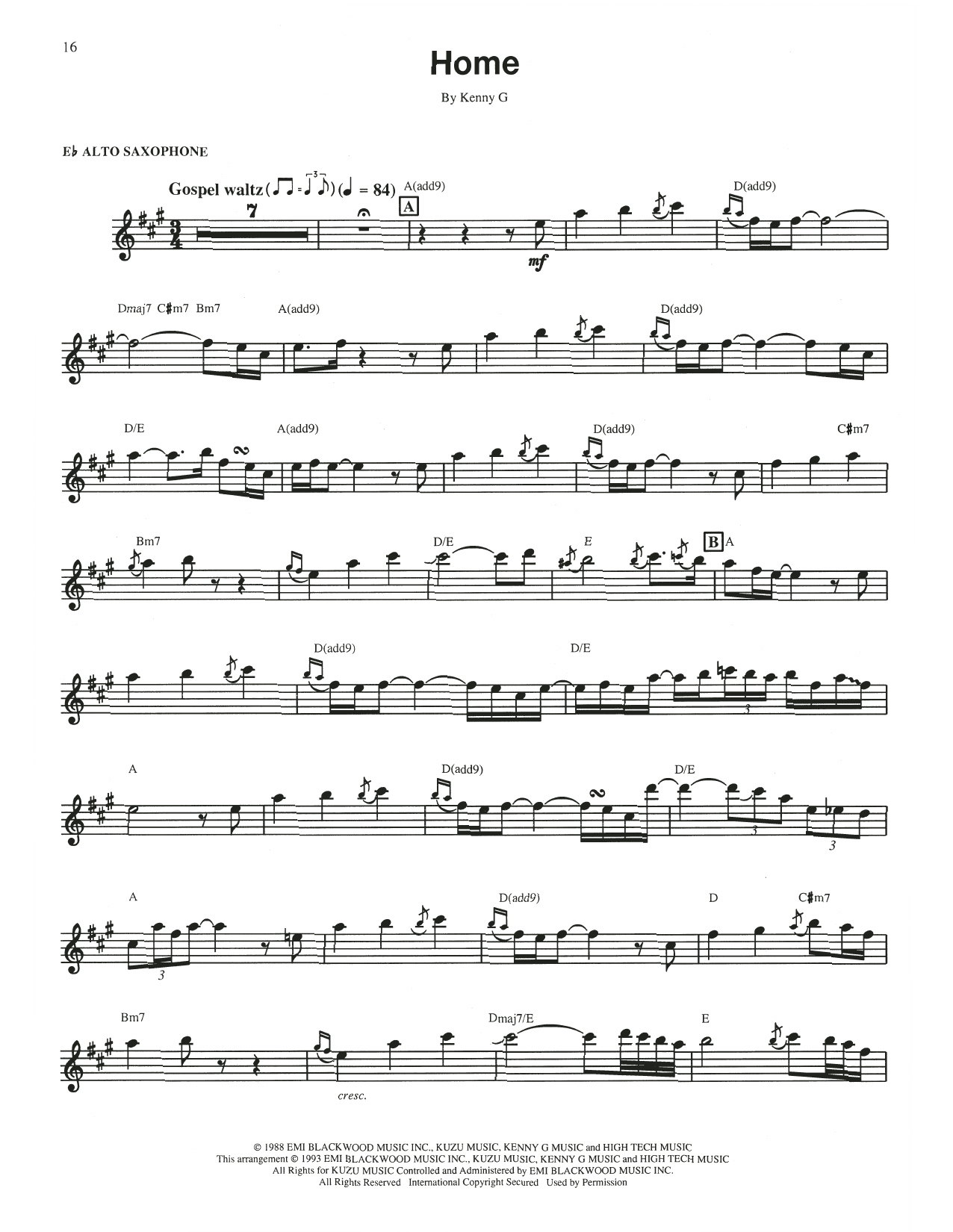 Download Kenny G Home Sheet Music and learn how to play Alto Sax Transcription PDF digital score in minutes