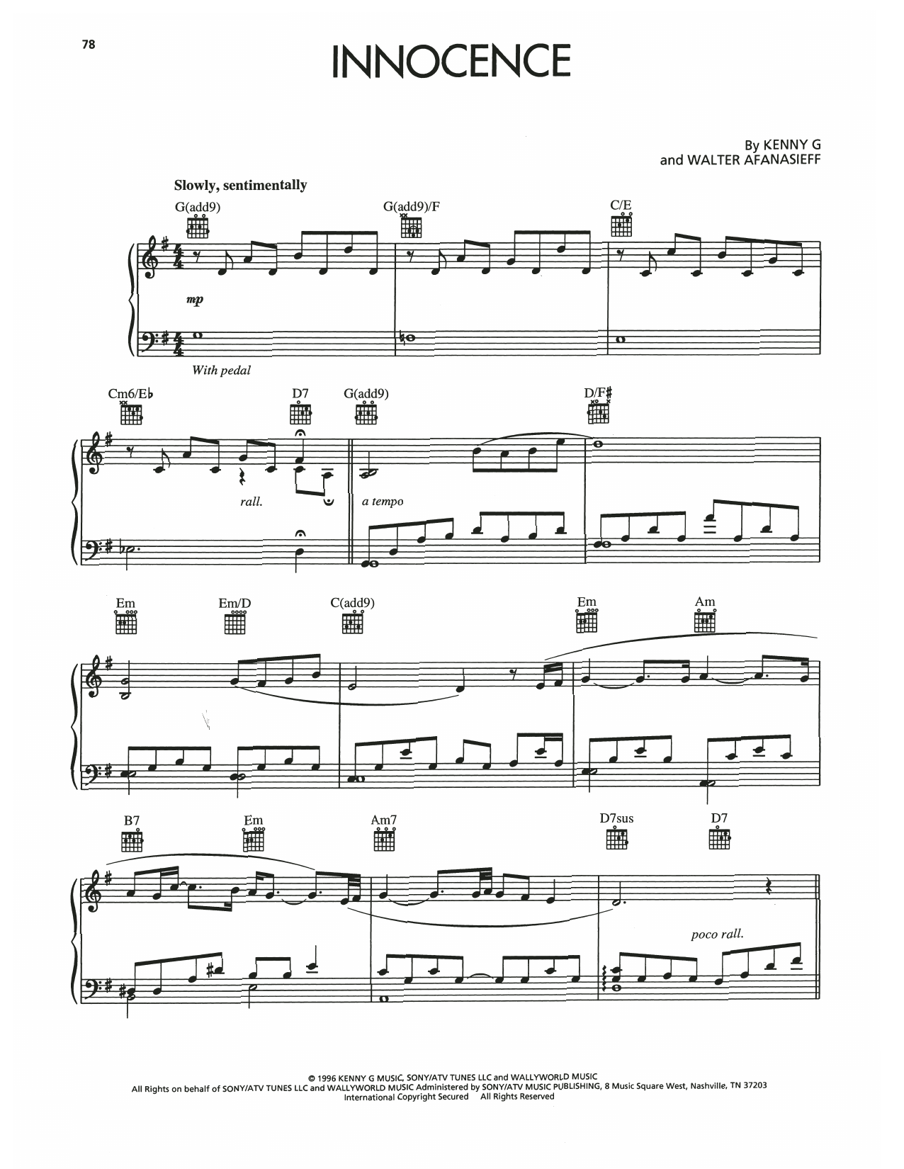 Download Kenny G Innocence Sheet Music and learn how to play Piano Solo PDF digital score in minutes