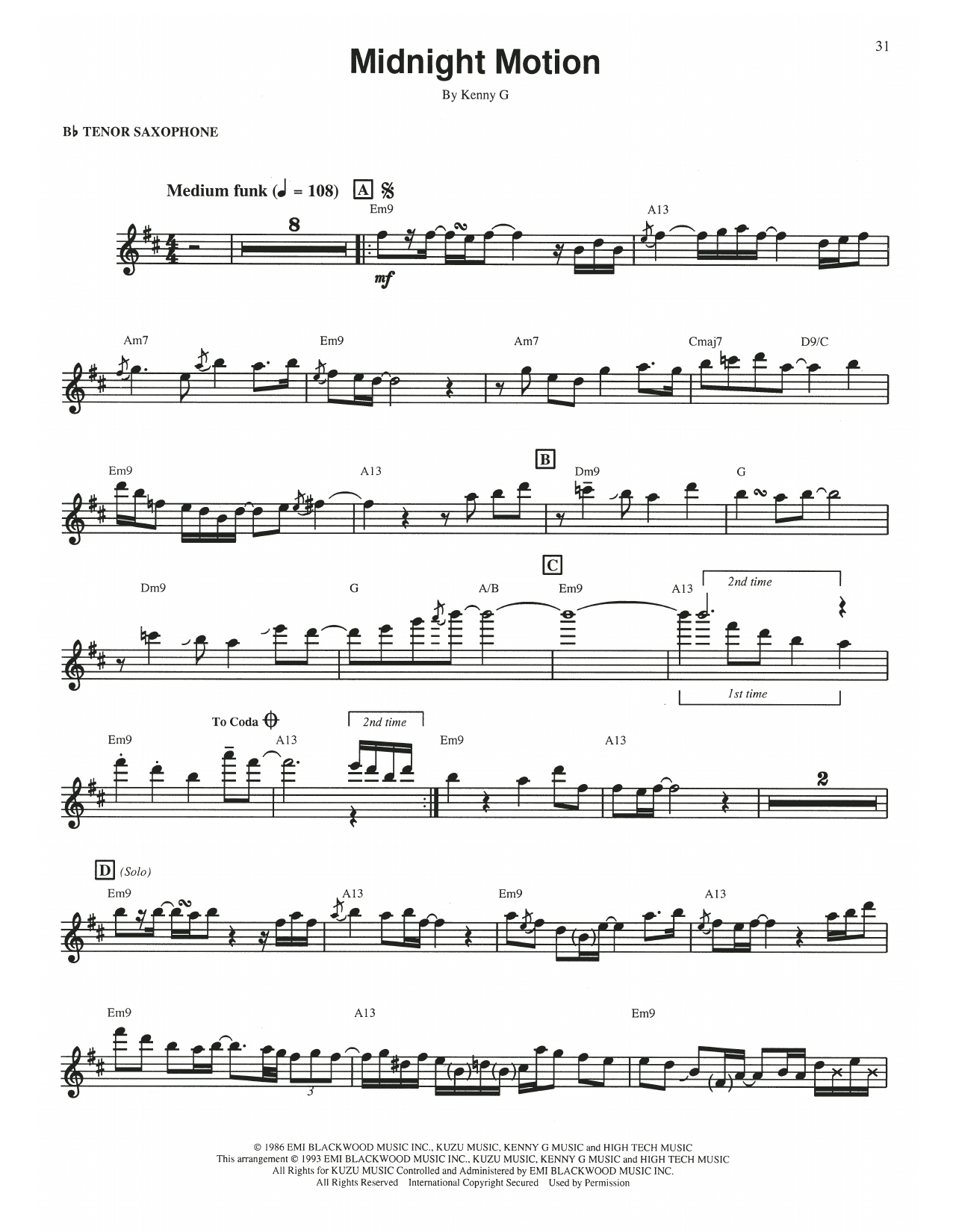 Download Kenny G Midnight Motion Sheet Music and learn how to play Tenor Sax Transcription PDF digital score in minutes