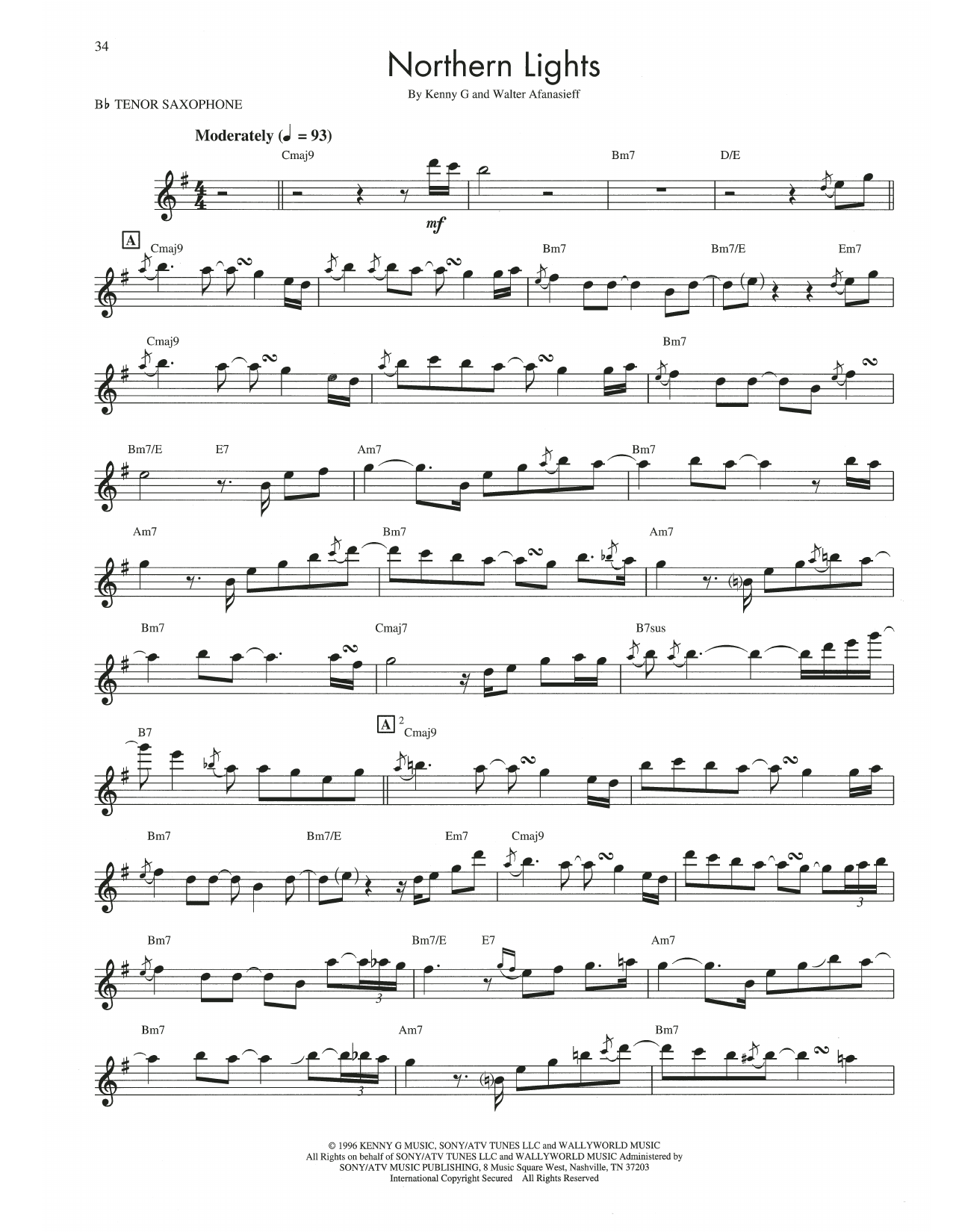 Download Kenny G Northern Lights Sheet Music and learn how to play Tenor Sax Transcription PDF digital score in minutes