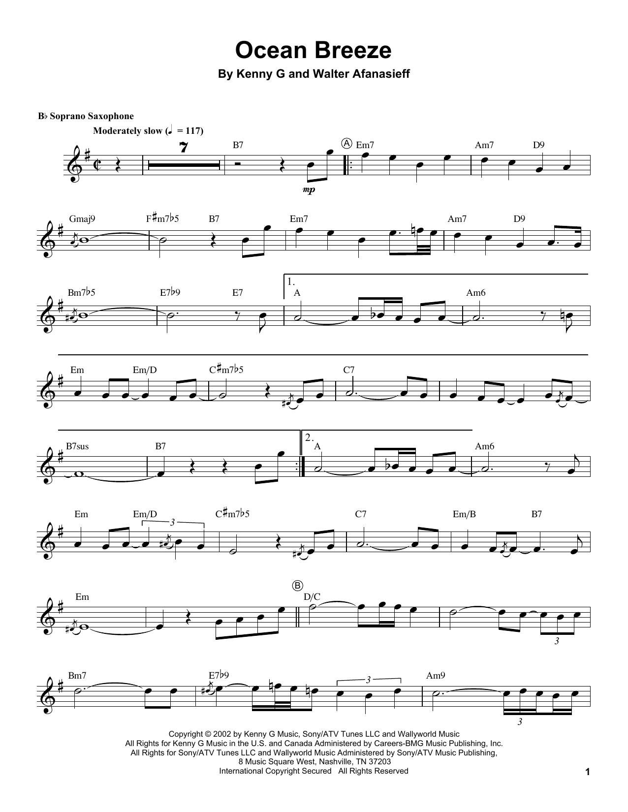 Download Kenny G Ocean Breeze Sheet Music and learn how to play Soprano Sax Transcription PDF digital score in minutes