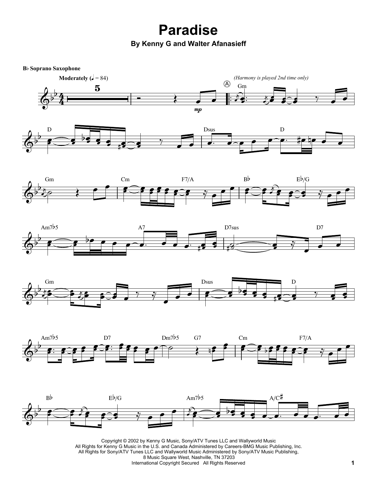 Download Kenny G Paradise Sheet Music and learn how to play Soprano Sax Transcription PDF digital score in minutes
