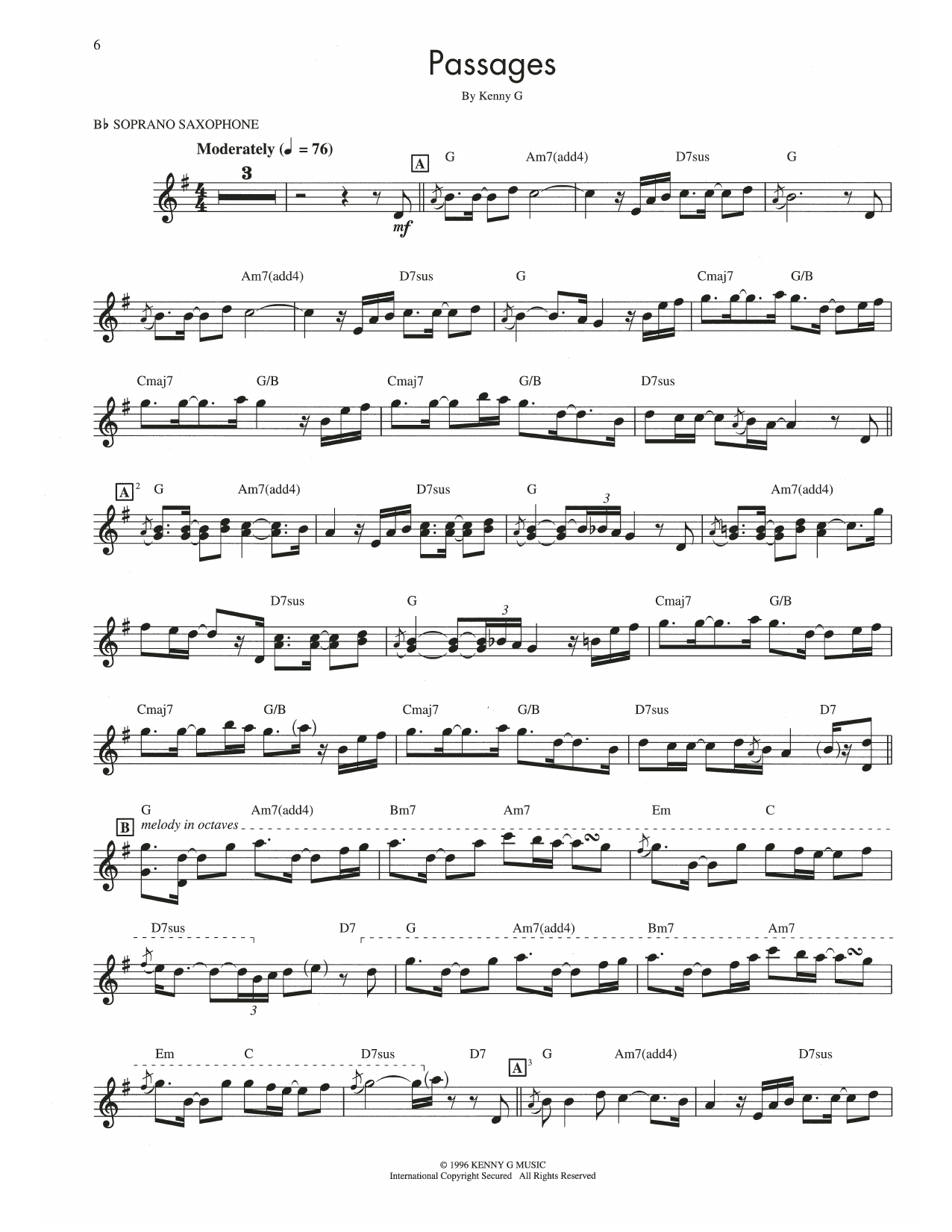 Download Kenny G Passages Sheet Music and learn how to play Soprano Sax Transcription PDF digital score in minutes