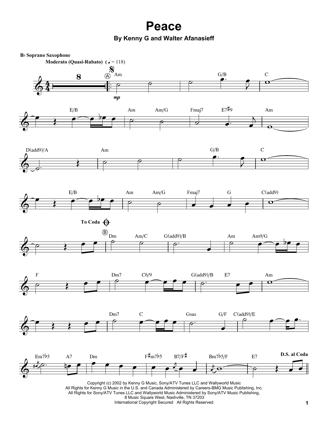Download Kenny G Peace Sheet Music and learn how to play Soprano Sax Transcription PDF digital score in minutes