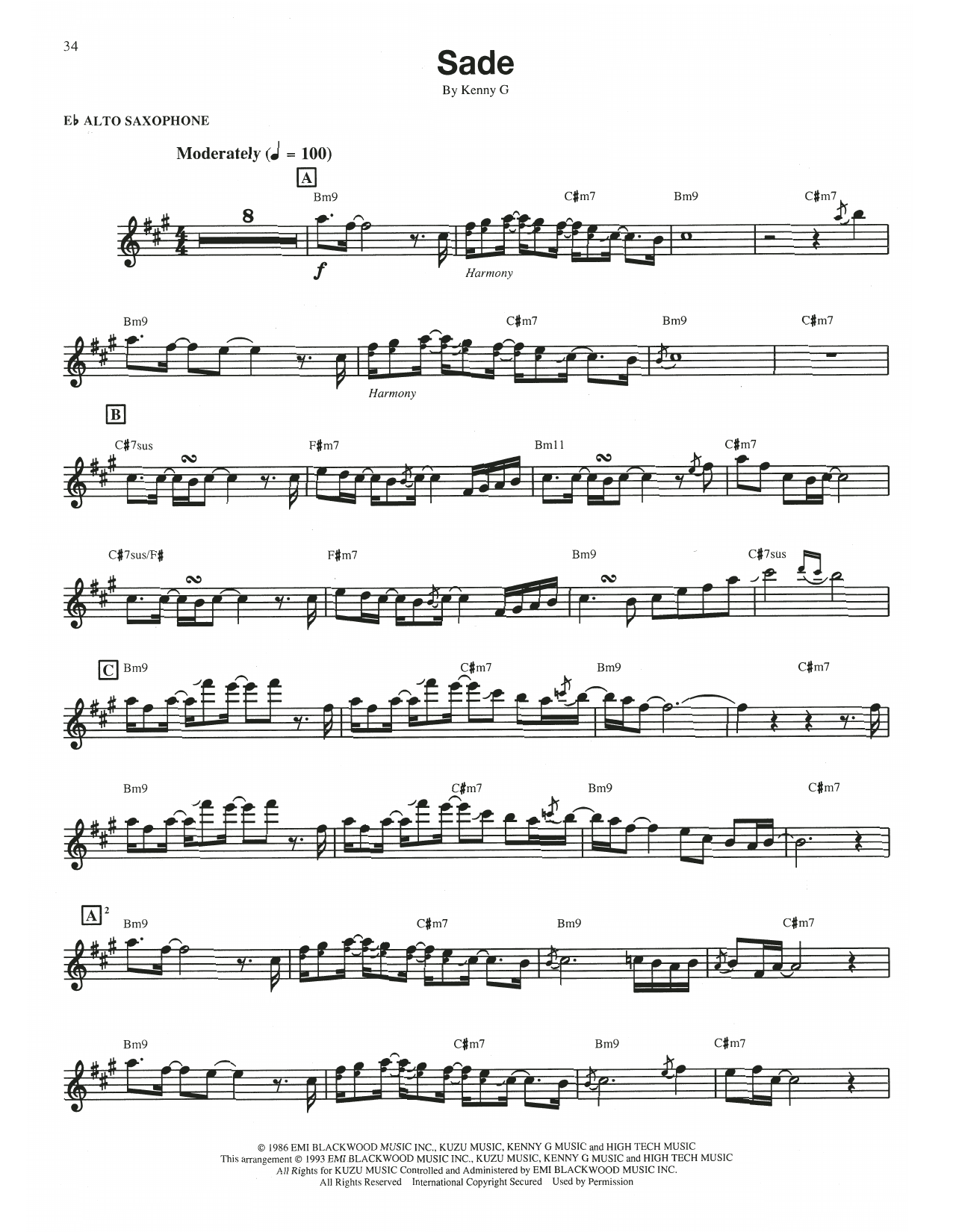 Download Kenny G Sade Sheet Music and learn how to play Alto Sax Transcription PDF digital score in minutes
