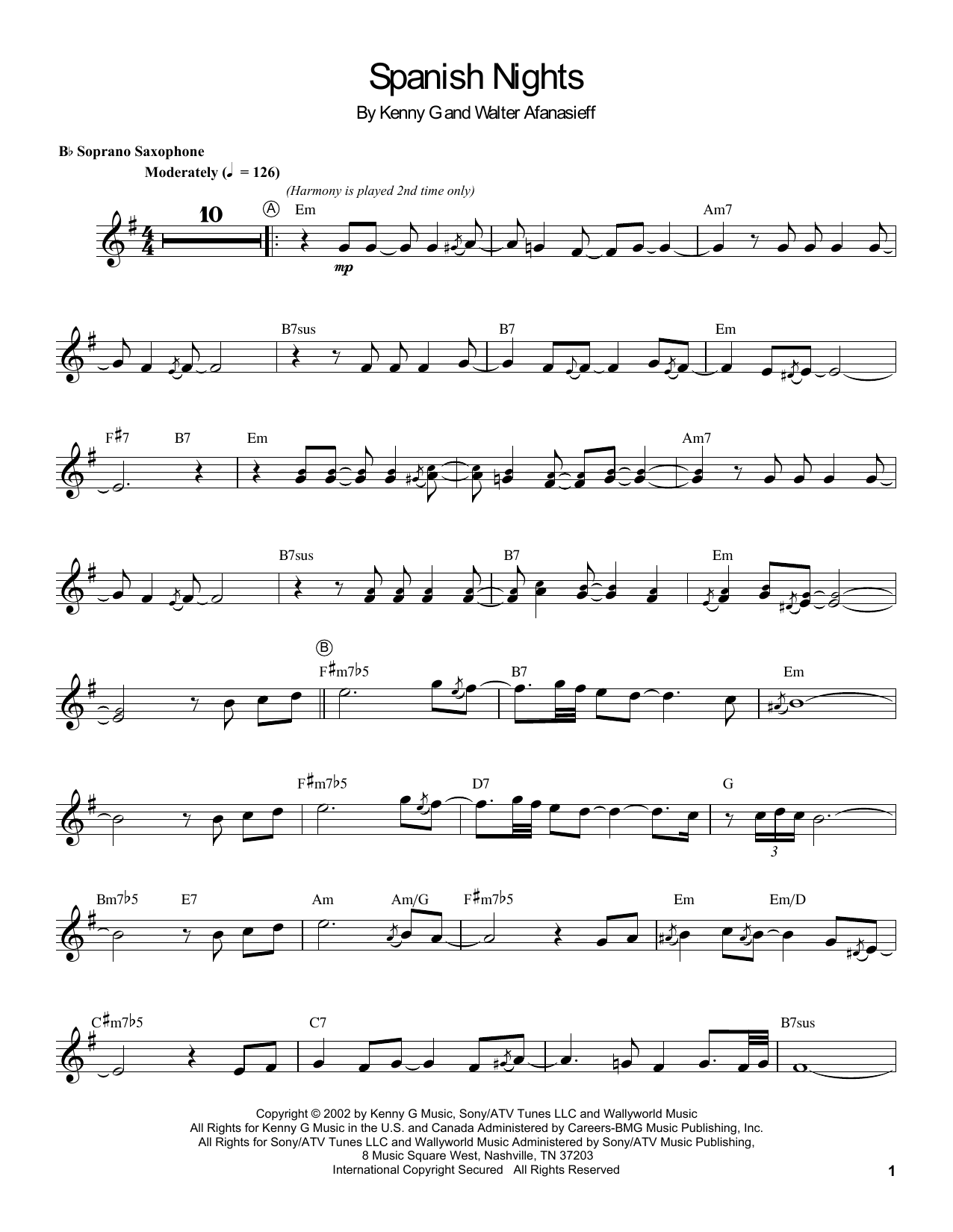 Download Kenny G Spanish Nights Sheet Music and learn how to play Soprano Sax Transcription PDF digital score in minutes
