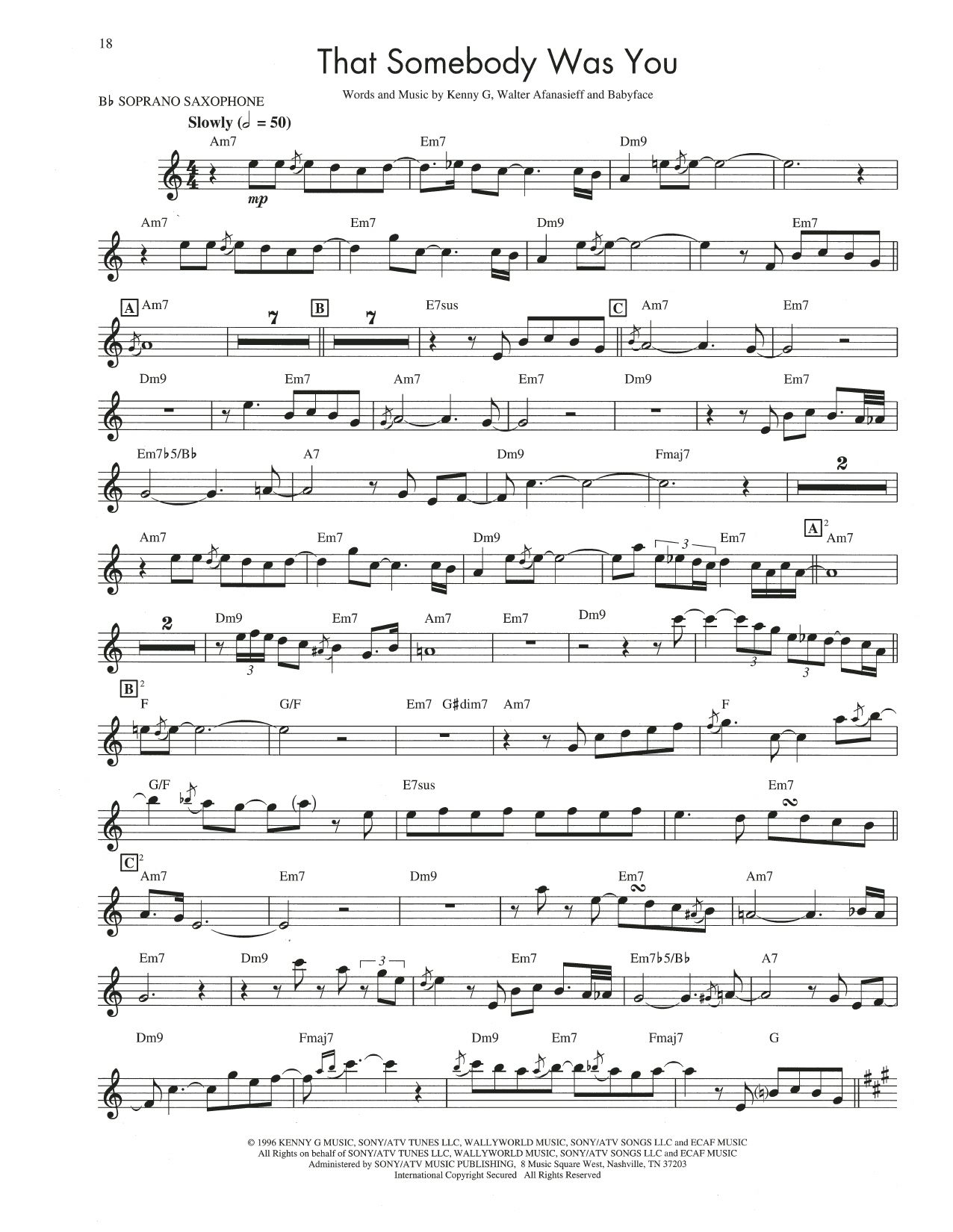 Download Kenny G That Somebody Was You Sheet Music and learn how to play Soprano Sax Transcription PDF digital score in minutes