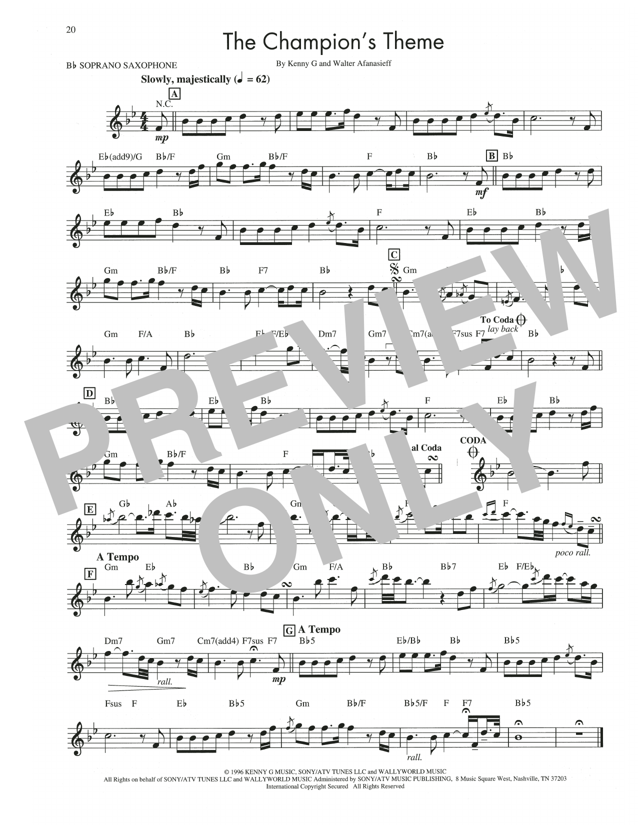 Download Kenny G The Champion's Theme Sheet Music and learn how to play Soprano Sax Transcription PDF digital score in minutes