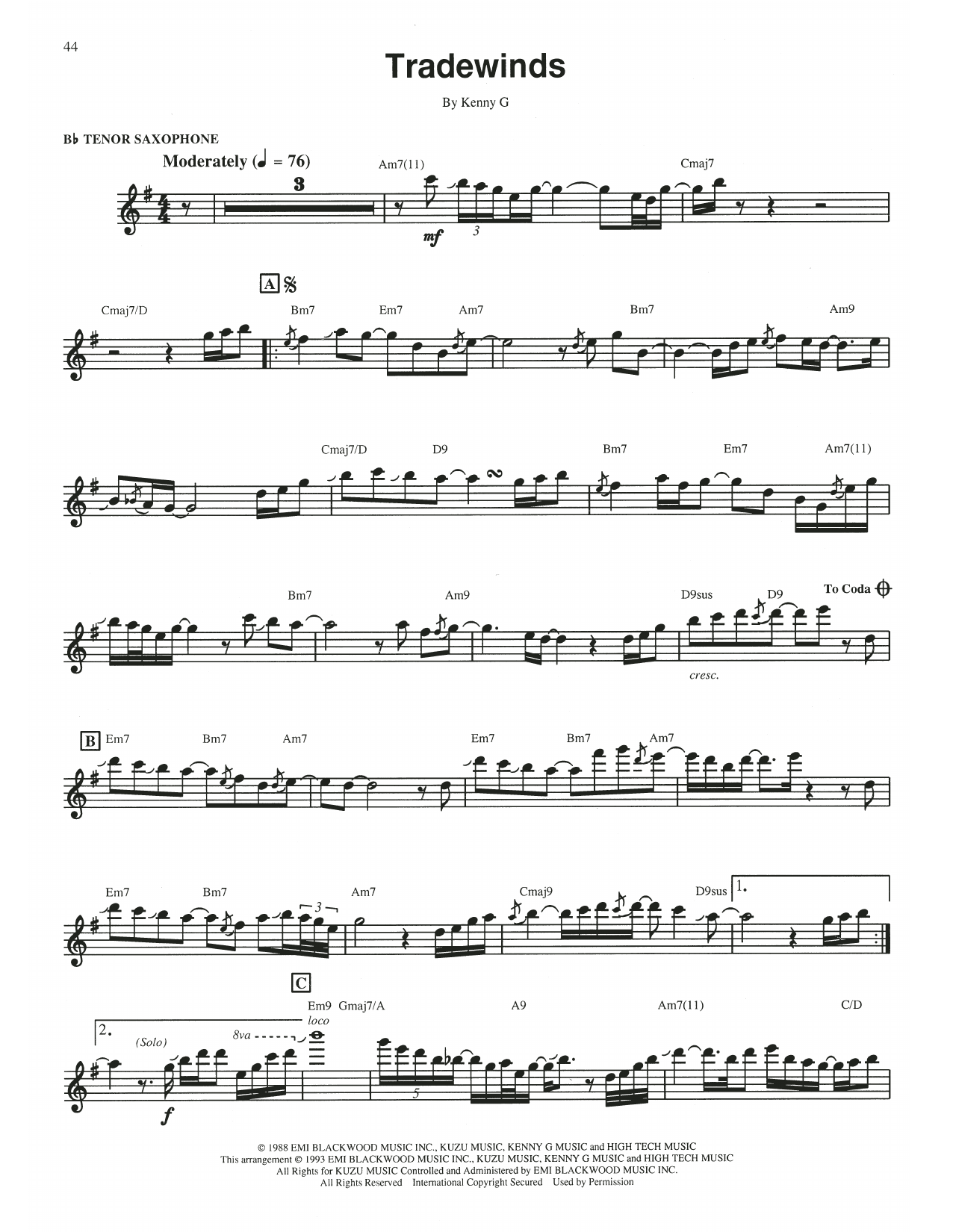 Download Kenny G Tradewinds Sheet Music and learn how to play Tenor Sax Transcription PDF digital score in minutes