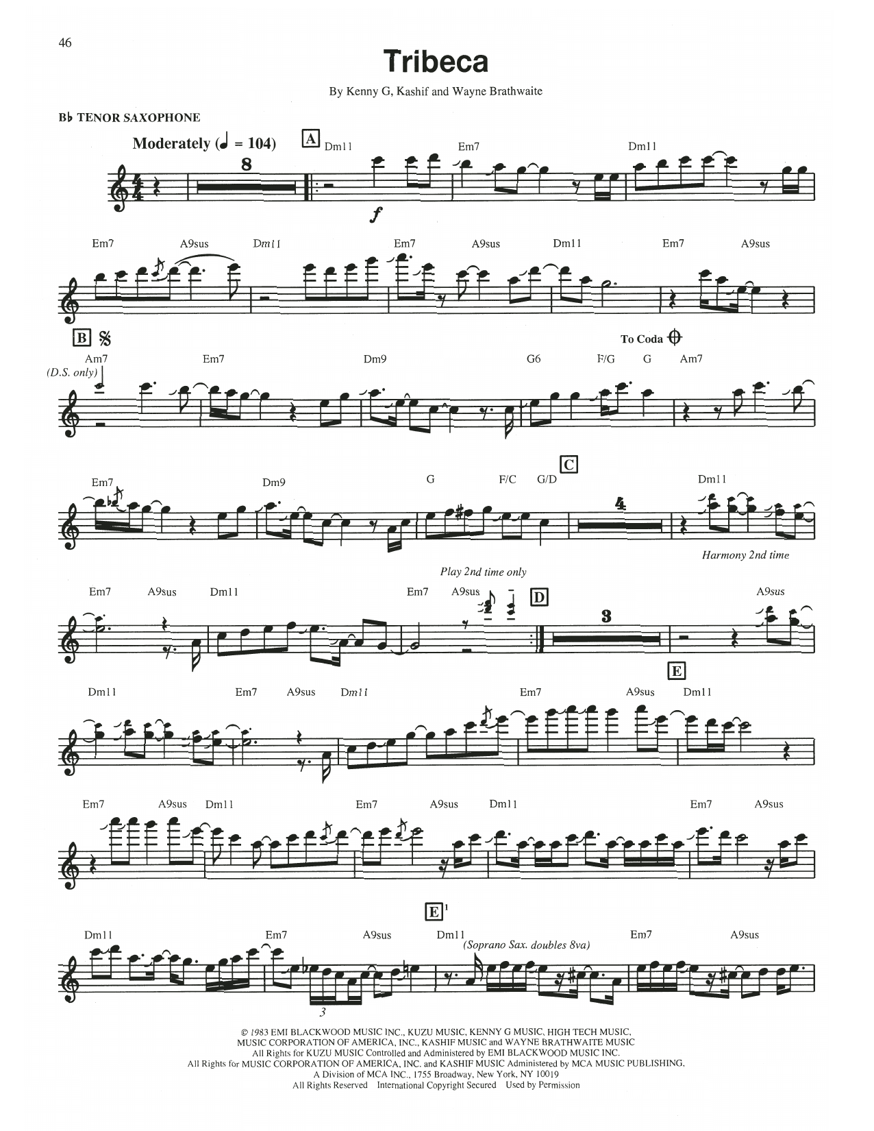 Download Kenny G Tribeca Sheet Music and learn how to play Tenor Sax Transcription PDF digital score in minutes