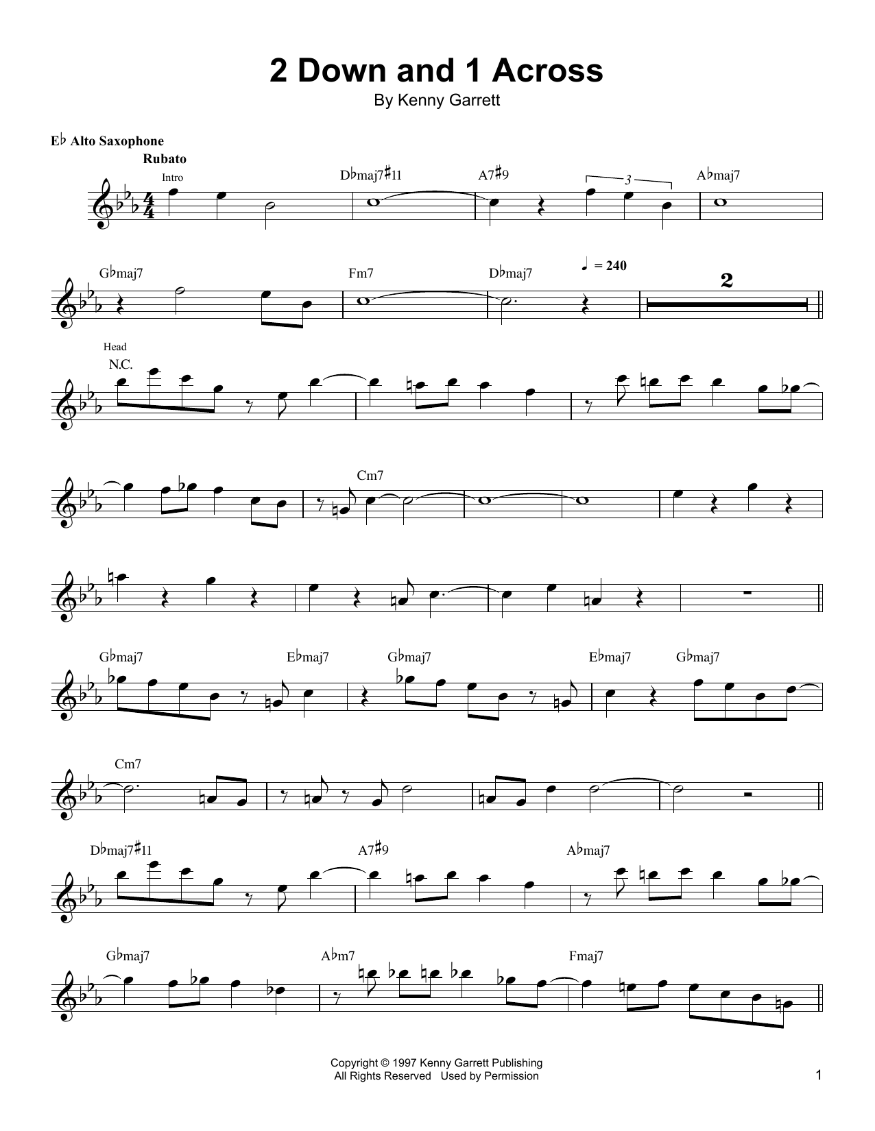 Download Kenny Garrett 2 Down And 1 Across Sheet Music and learn how to play Alto Sax Transcription PDF digital score in minutes