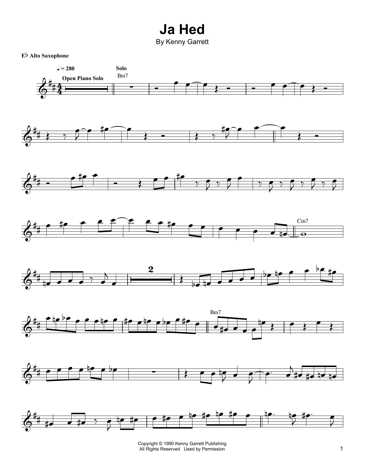 Download Kenny Garrett Ja-Hed Sheet Music and learn how to play Alto Sax Transcription PDF digital score in minutes
