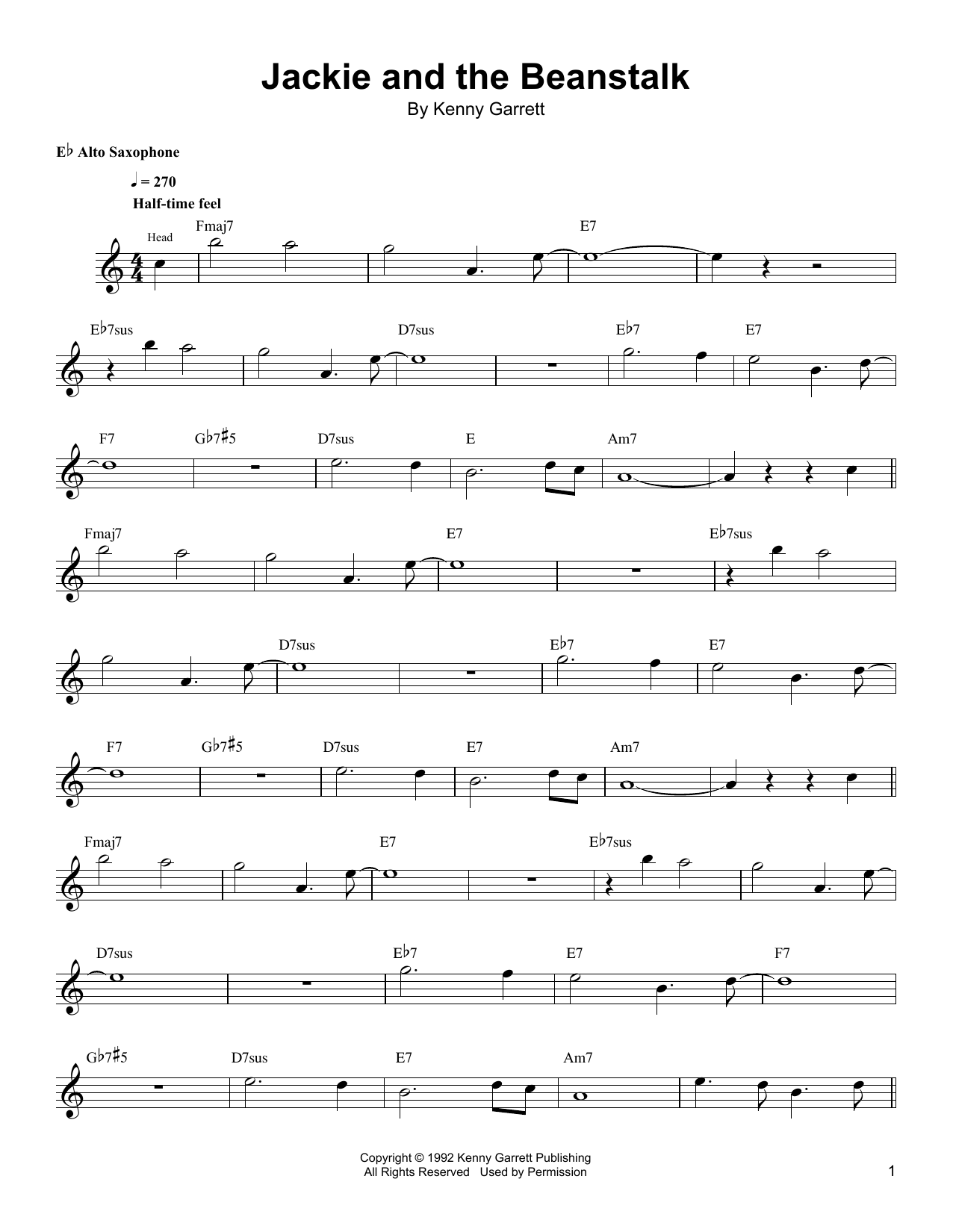 Download Kenny Garrett Jackie And The Beanstalk Sheet Music and learn how to play Alto Sax Transcription PDF digital score in minutes