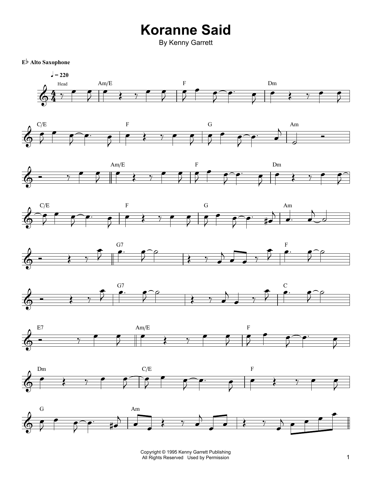 Download Kenny Garrett Koranne Said Sheet Music and learn how to play Alto Sax Transcription PDF digital score in minutes