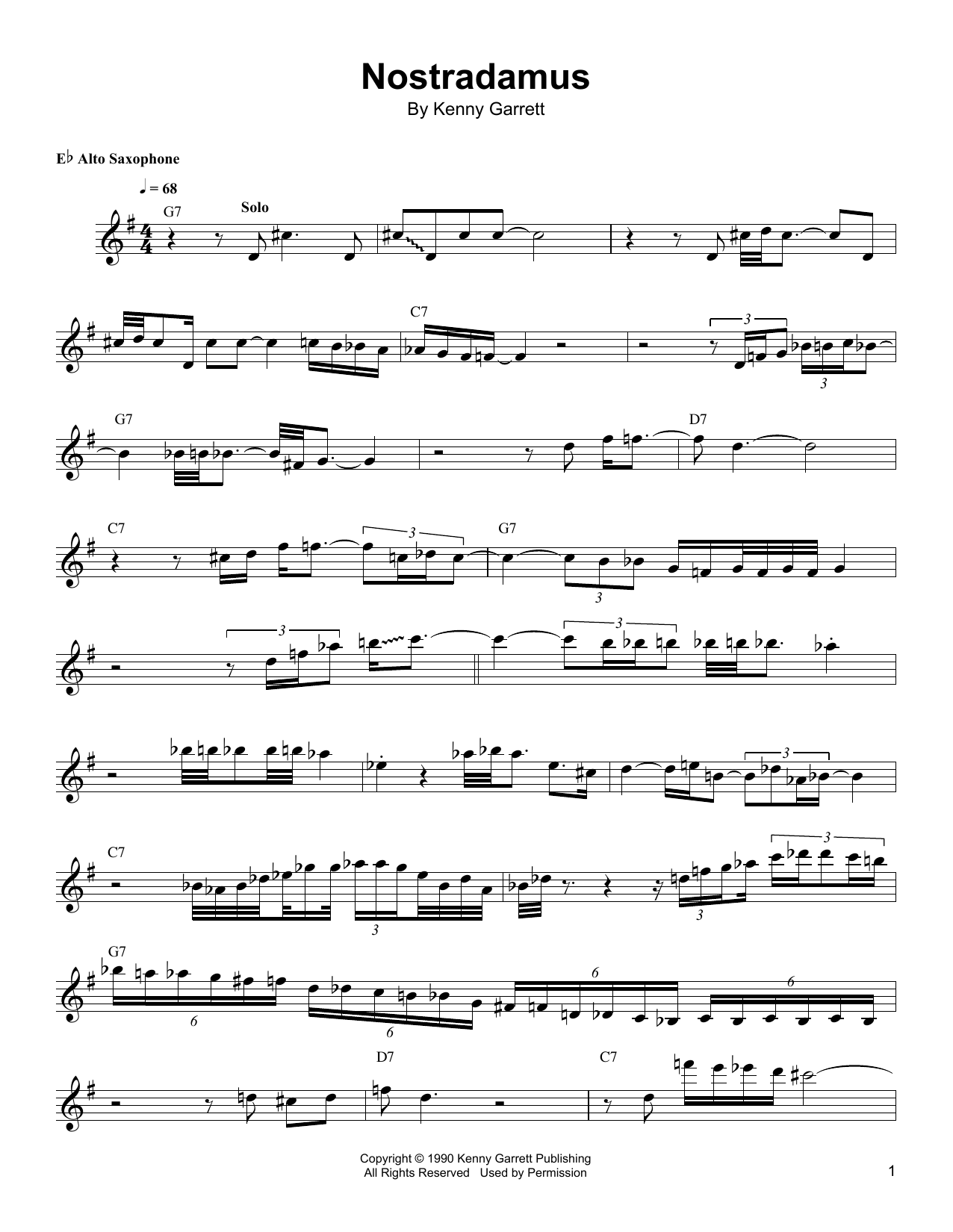 Download Kenny Garrett Nostradamus Sheet Music and learn how to play Alto Sax Transcription PDF digital score in minutes
