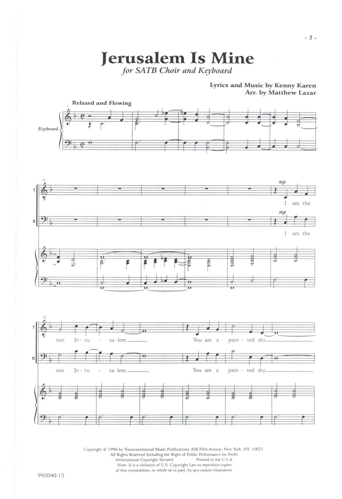 Download Kenny Karen Jerusalem Is Mine (arr. Matthew Lazar) Sheet Music and learn how to play SATB Choir PDF digital score in minutes
