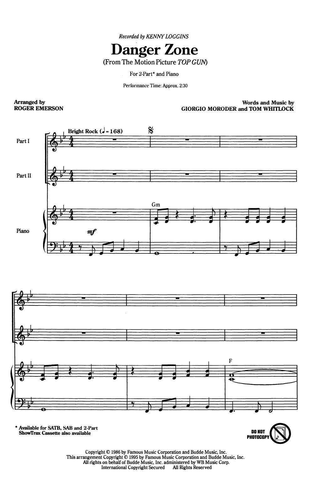 Download Kenny Loggins Danger Zone (arr. Roger Emerson) Sheet Music and learn how to play 2-Part Choir PDF digital score in minutes