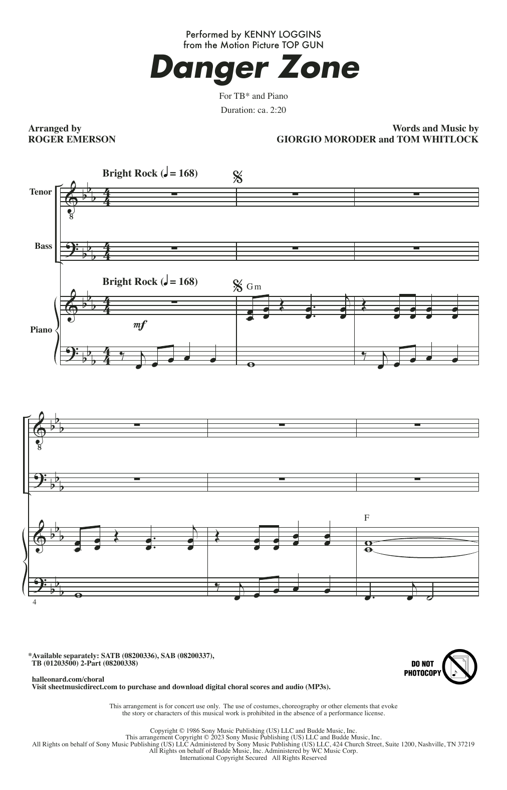Download Kenny Loggins Danger Zone (from Top Gun) (arr. Roger Emerson) Sheet Music and learn how to play TB Choir PDF digital score in minutes