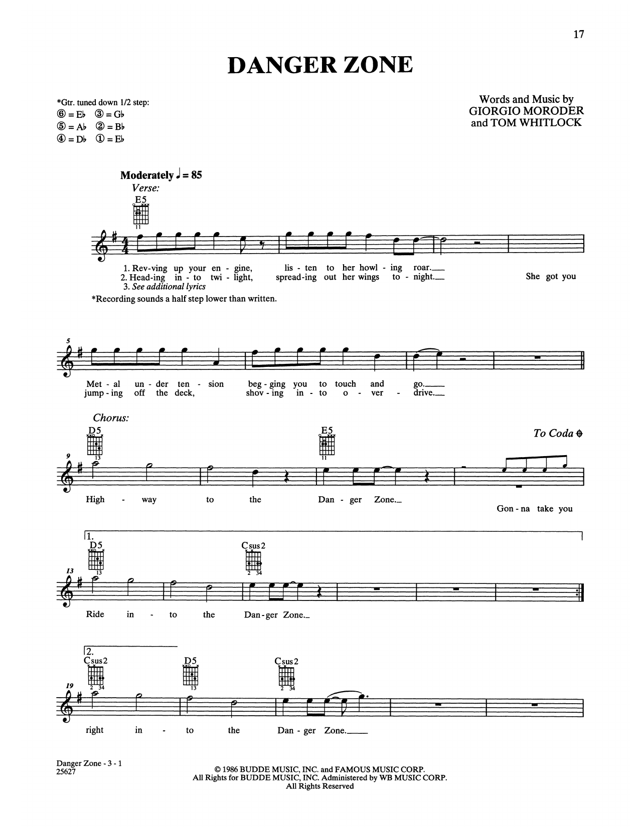 Download Kenny Loggins Danger Zone (from Top Gun) Sheet Music and learn how to play Easy Guitar PDF digital score in minutes