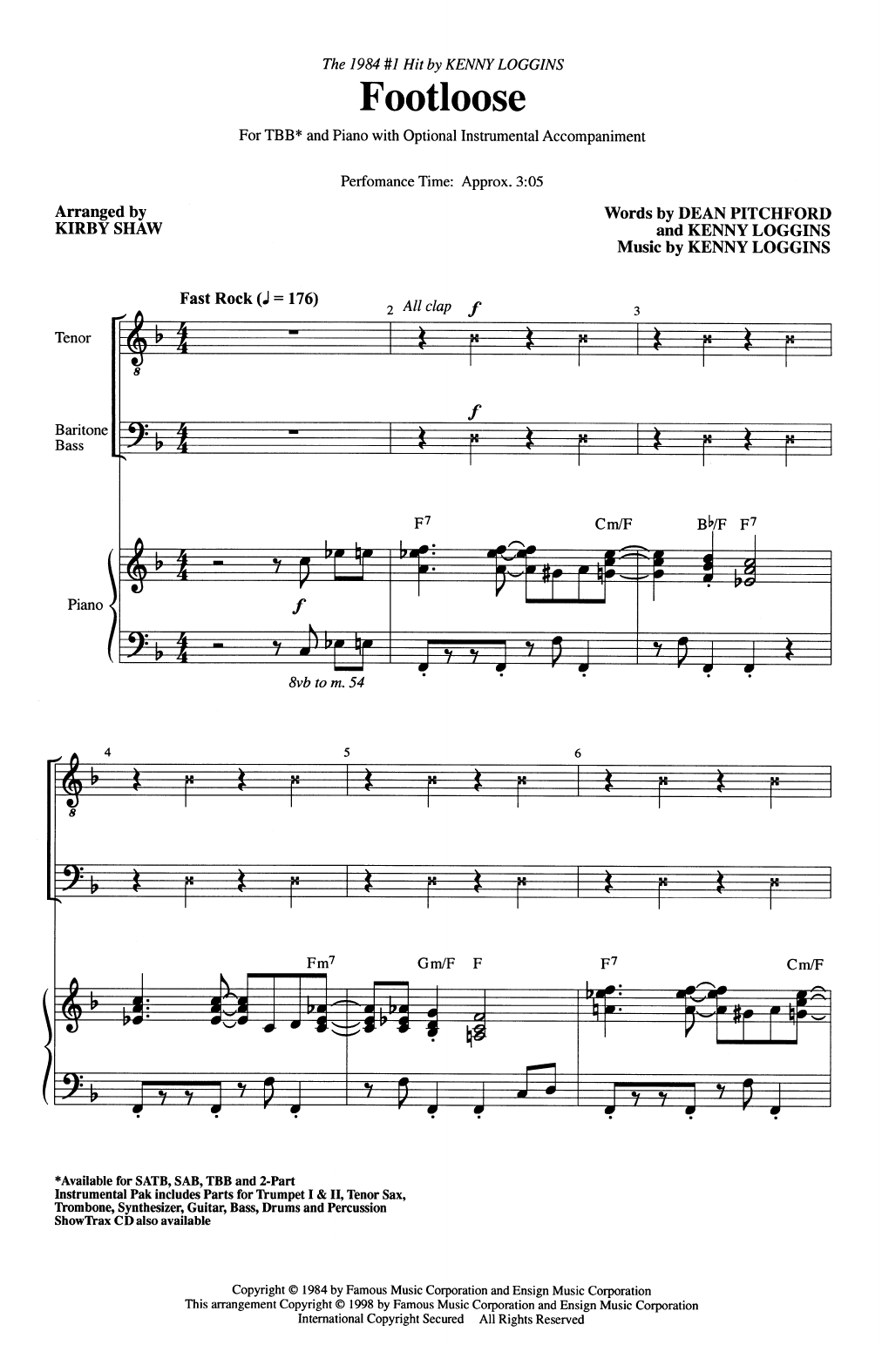 Download Kenny Loggins Footloose (arr. Kirby Shaw) Sheet Music and learn how to play 2-Part Choir PDF digital score in minutes