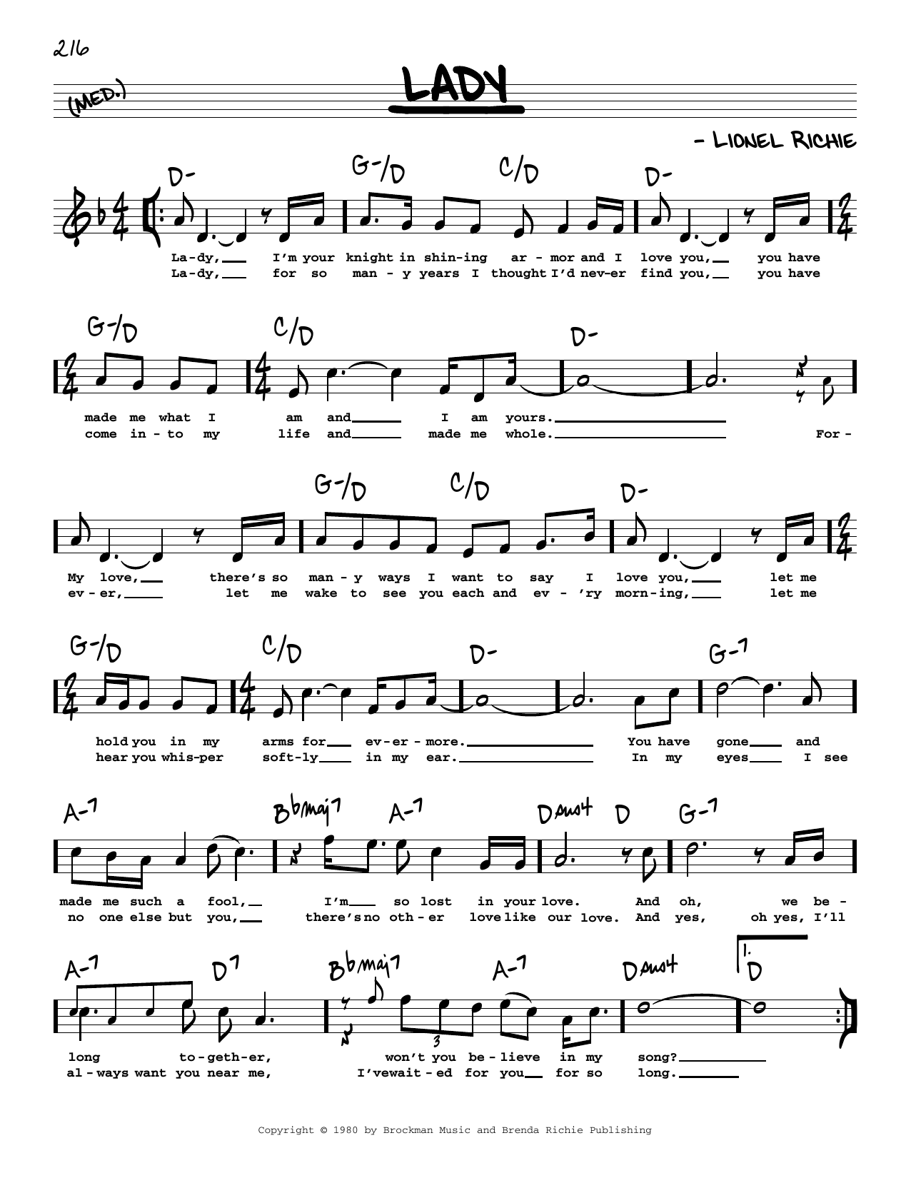 Download Kenny Rogers Lady (High Voice) Sheet Music and learn how to play Real Book – Melody, Lyrics & Chords PDF digital score in minutes