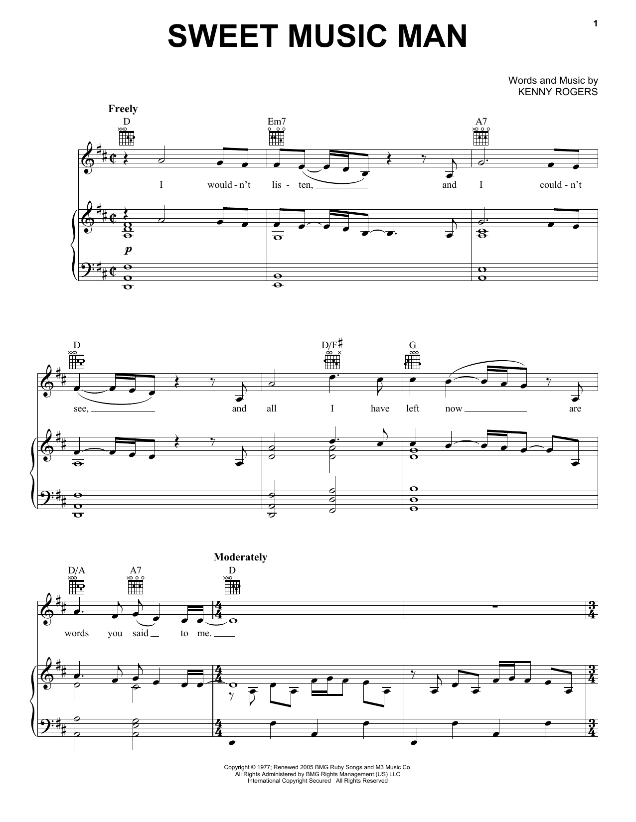 Download Kenny Rogers Sweet Music Man Sheet Music and learn how to play Piano, Vocal & Guitar (Right-Hand Melody) PDF digital score in minutes