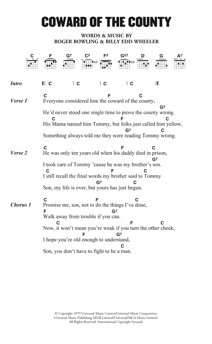 Download Kenny Rogers The Coward of the County Sheet Music and learn how to play Lyrics & Chords PDF digital score in minutes