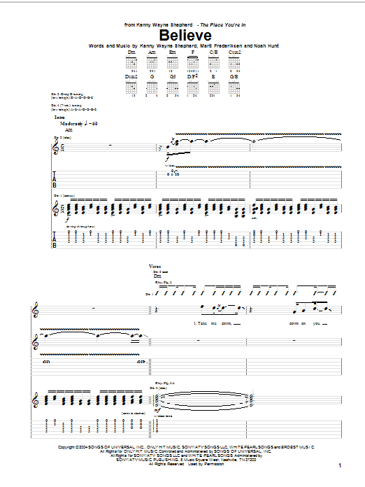 Download Kenny Wayne Shepherd Believe Sheet Music and learn how to play Guitar Tab PDF digital score in minutes